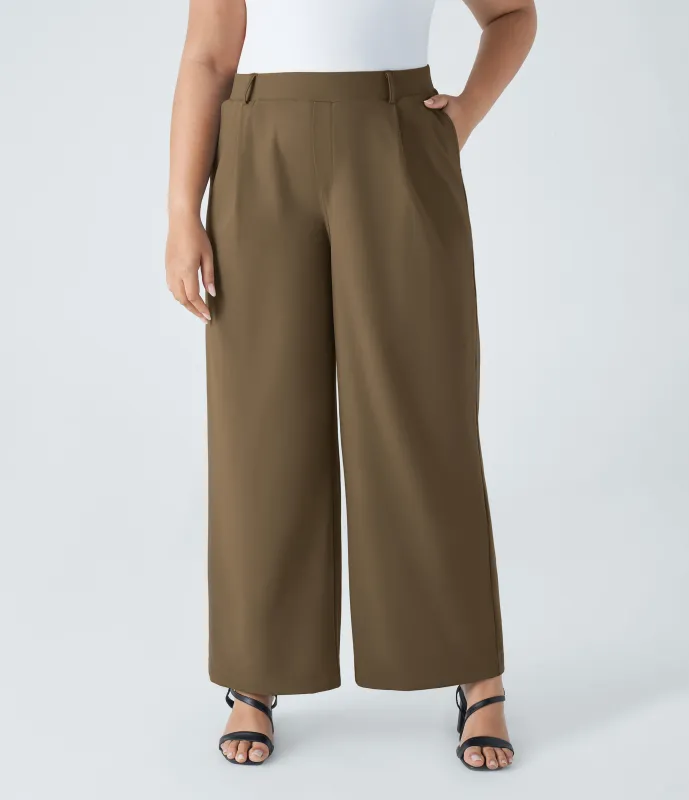 Halara Pantalón  oficina tiro alto recto bolsillo lateral pinzas talla grande - Sepia - 1X(regular) made by Halara