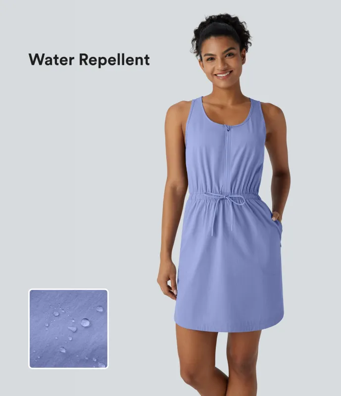 Halara Vestido corto deportivo senderismo resistente agua cuello U sin mangas media cremallera cordón ajustable bolsillo lateral dobladillo curvo - Azure Haze - S sold by Halara