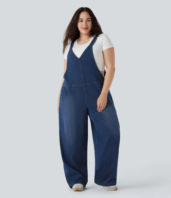 Halara Overol Halara Flex™ Denim mezclilla elástica lavada cuello en V y bolsillos de tallas grandes - Serene Blue Denim - 3X(regular) made by Halara