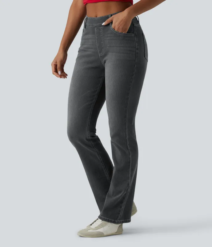 Halara Jeans Halara Flex™ Denim en corte de bota elásticos de tiro alto descoloridos con múltiples bolsillos - Iron Gate Denim - S(petite) sold by Halara