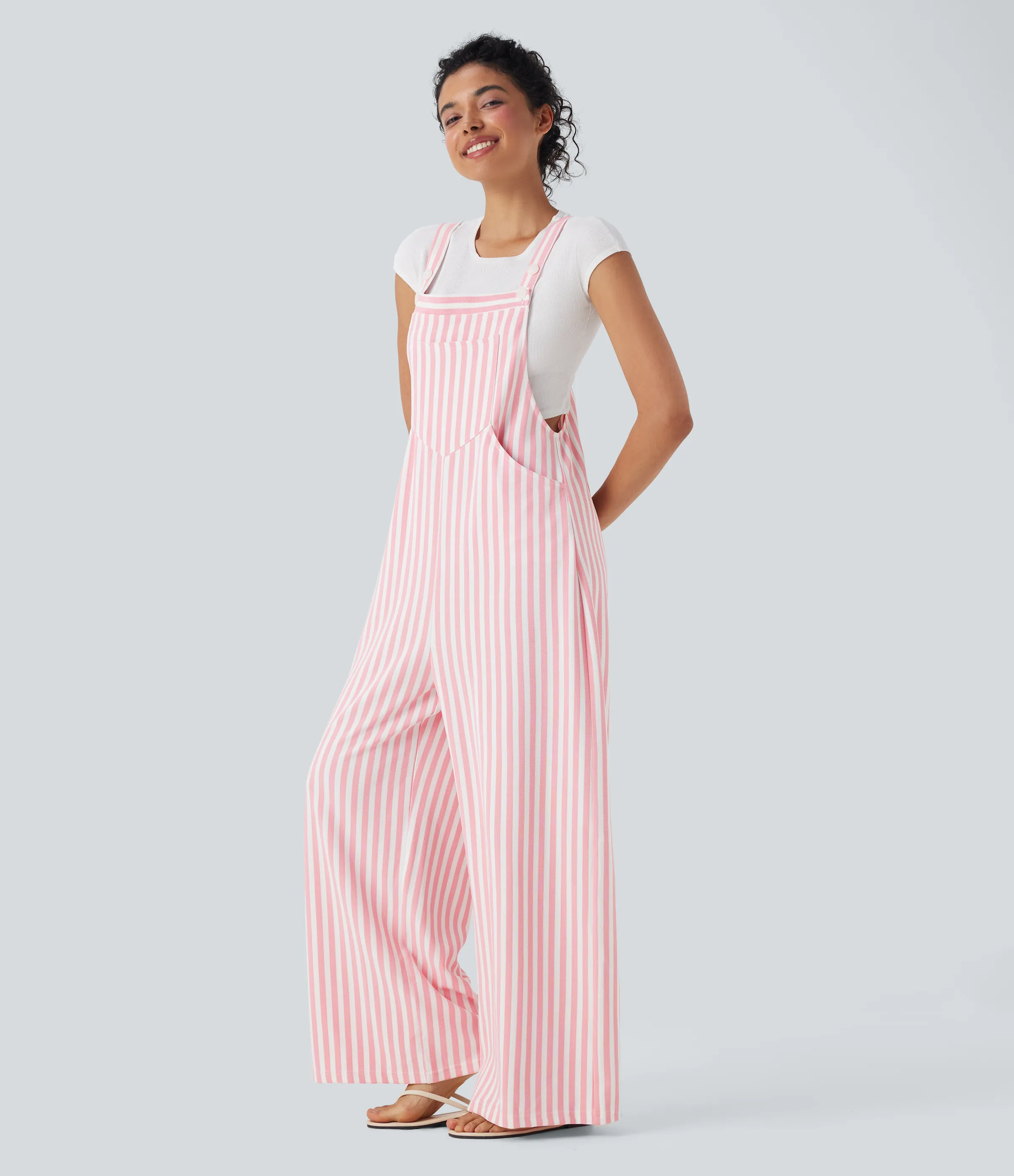 Halara Overol resort gofre raya múltiple bolsillo botón correa ajustable - Pink Stripe - M(regular) sold by Halara product image thumbnail 4