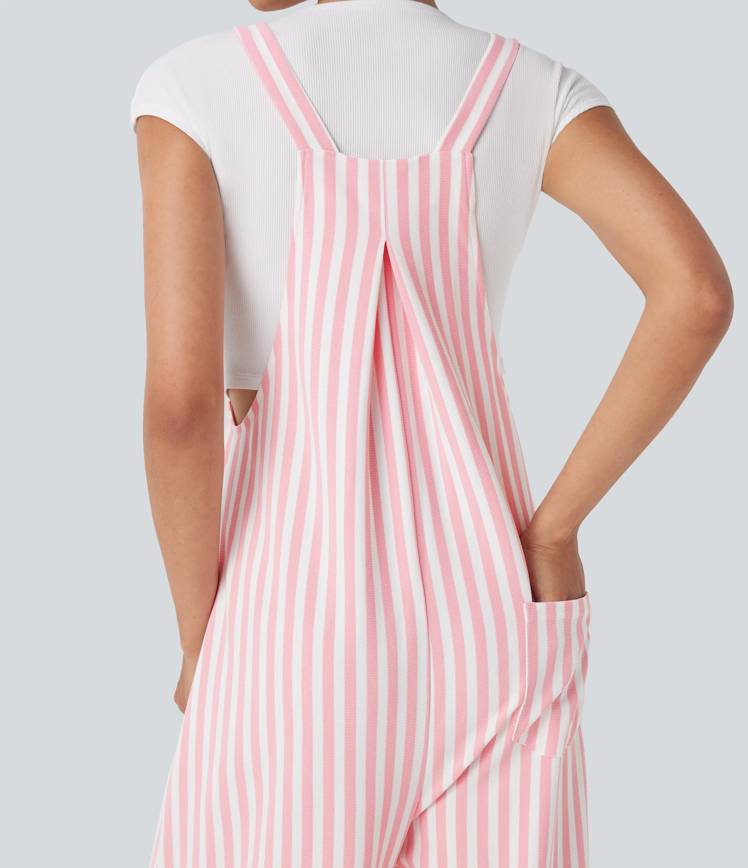 Halara Overol resort gofre raya múltiple bolsillo botón correa ajustable - Pink Stripe - M(regular) sold by Halara product image thumbnail 5