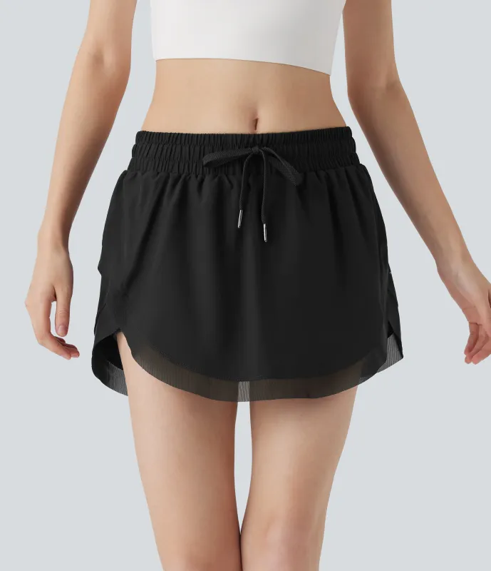 Halara Minifalda de tenis 2 en 1 de tiro medio con cordón y tejido en contraste con bolsillos laterales - Black - L sold by Halara