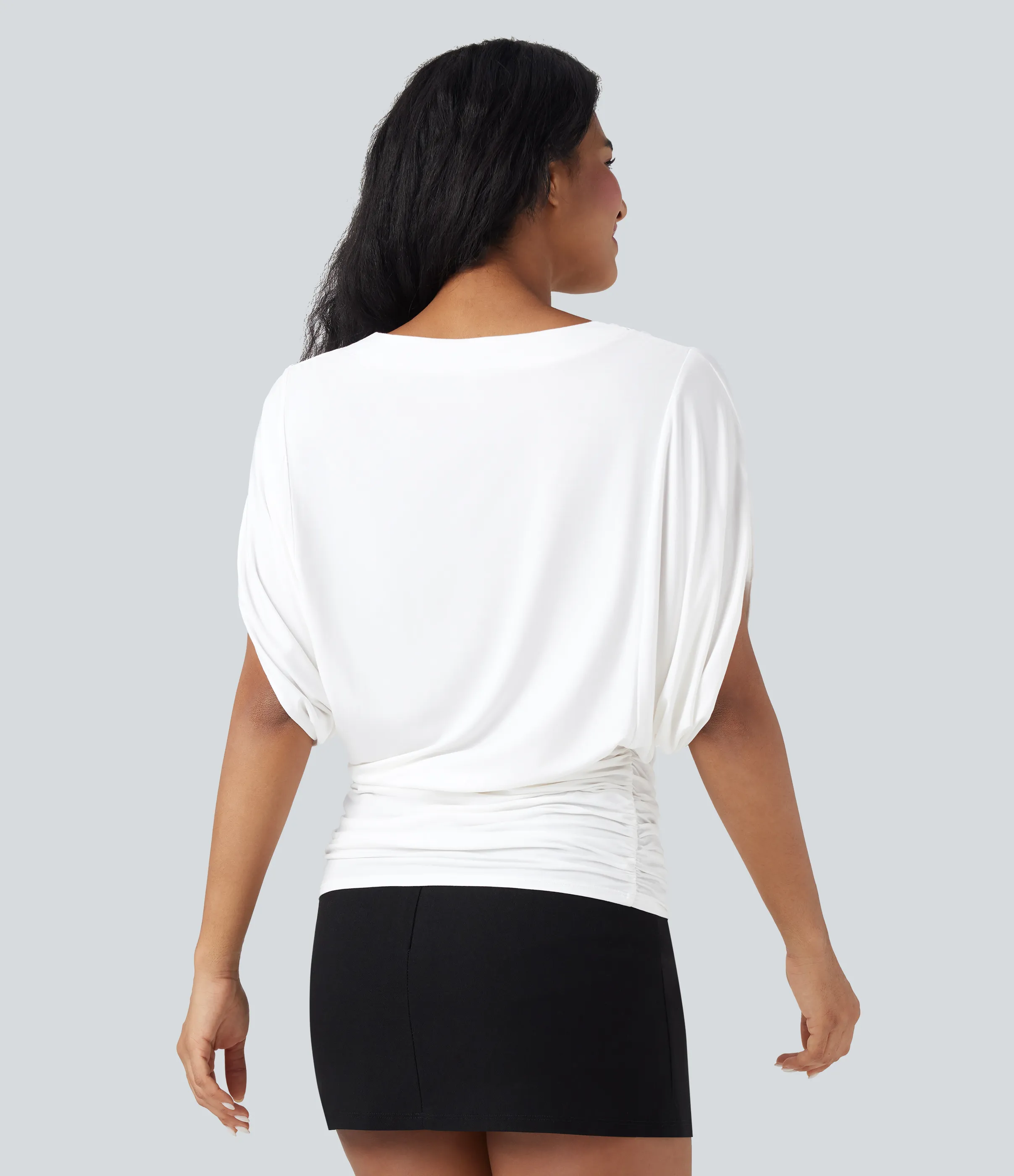 Halara Top casual fruncido con mangas murciélago y escote en V profundo - Jasmine White - S sold by Halara product image thumbnail 3