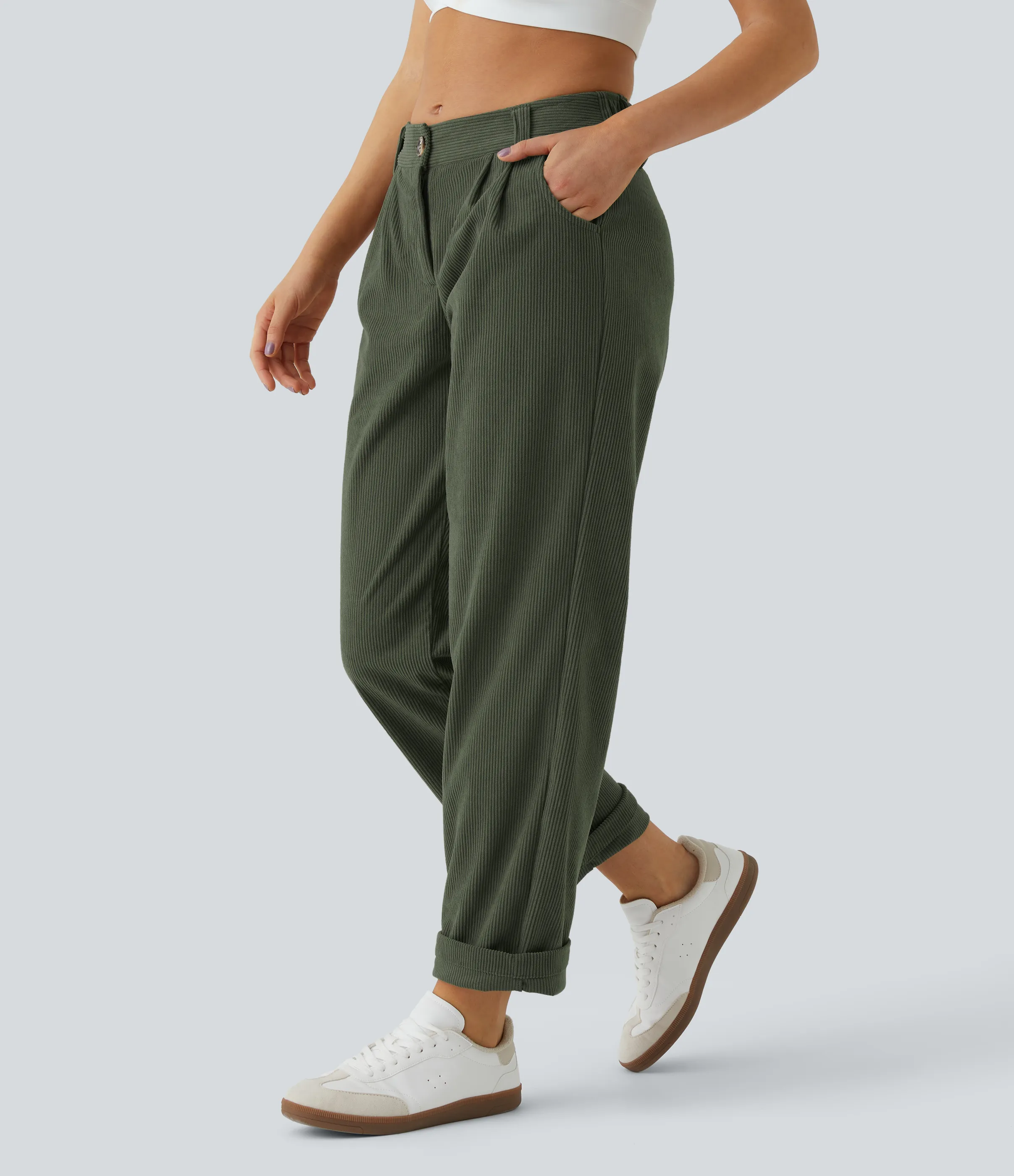 Halara Pantalón pana bolsillo lateral cierre botón tiro medio - Rifle Green - S(petite) sold by Halara