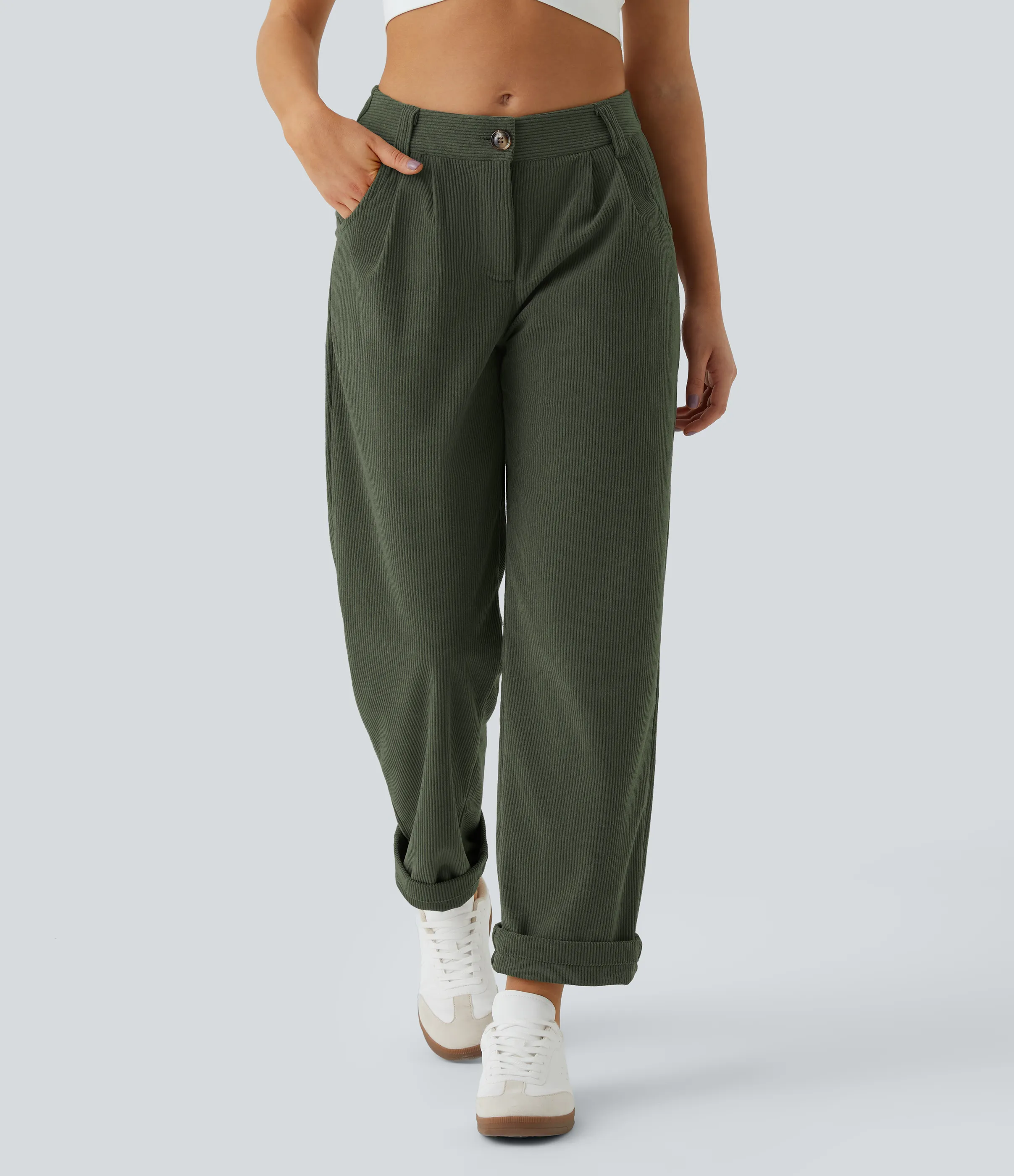 Halara Pantalón pana bolsillo lateral cierre botón tiro medio - Rifle Green - S(petite) sold by Halara product image thumbnail 4