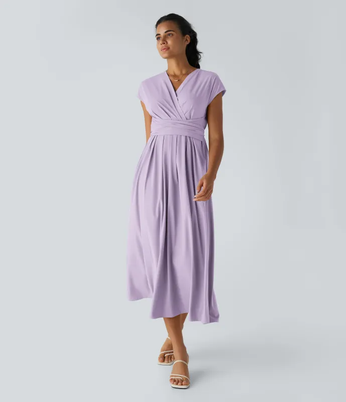 Halara Vestido midi Breezeful™ secado rápido cuello V manga corta bolsillo lateral lazo espalda - Leisurely Lavender - L sold by Halara