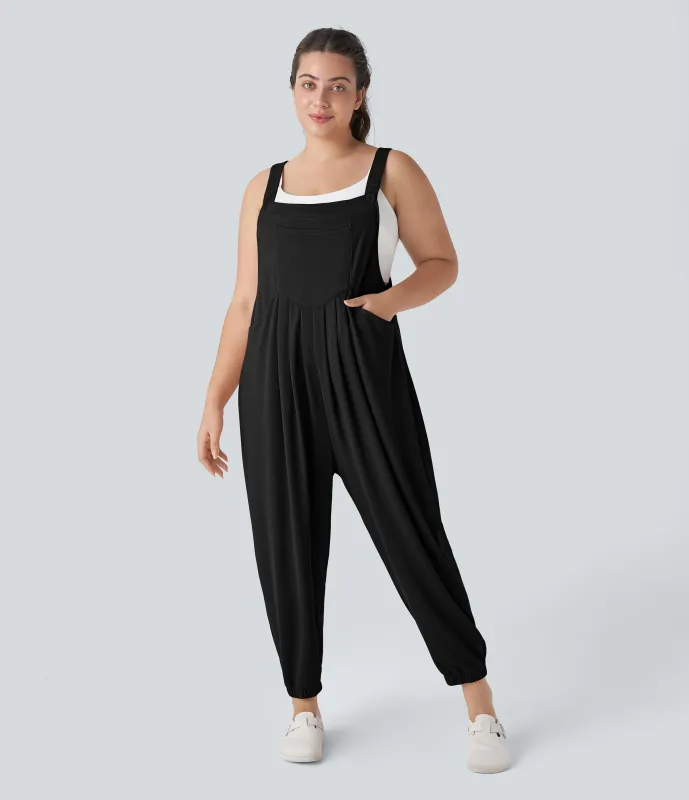 Halara Jogger Overol correa ajustable botón múltiple bolsillo plisado gofre talla grande - Black - 1X made by Halara
