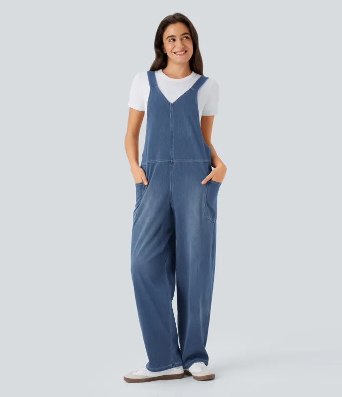 Halara Overol Halara Flex™ Denim mezclilla elástico lavado bolsillo lateral cuello V - Light Floral Blue Denim - S(petite) made by Halara