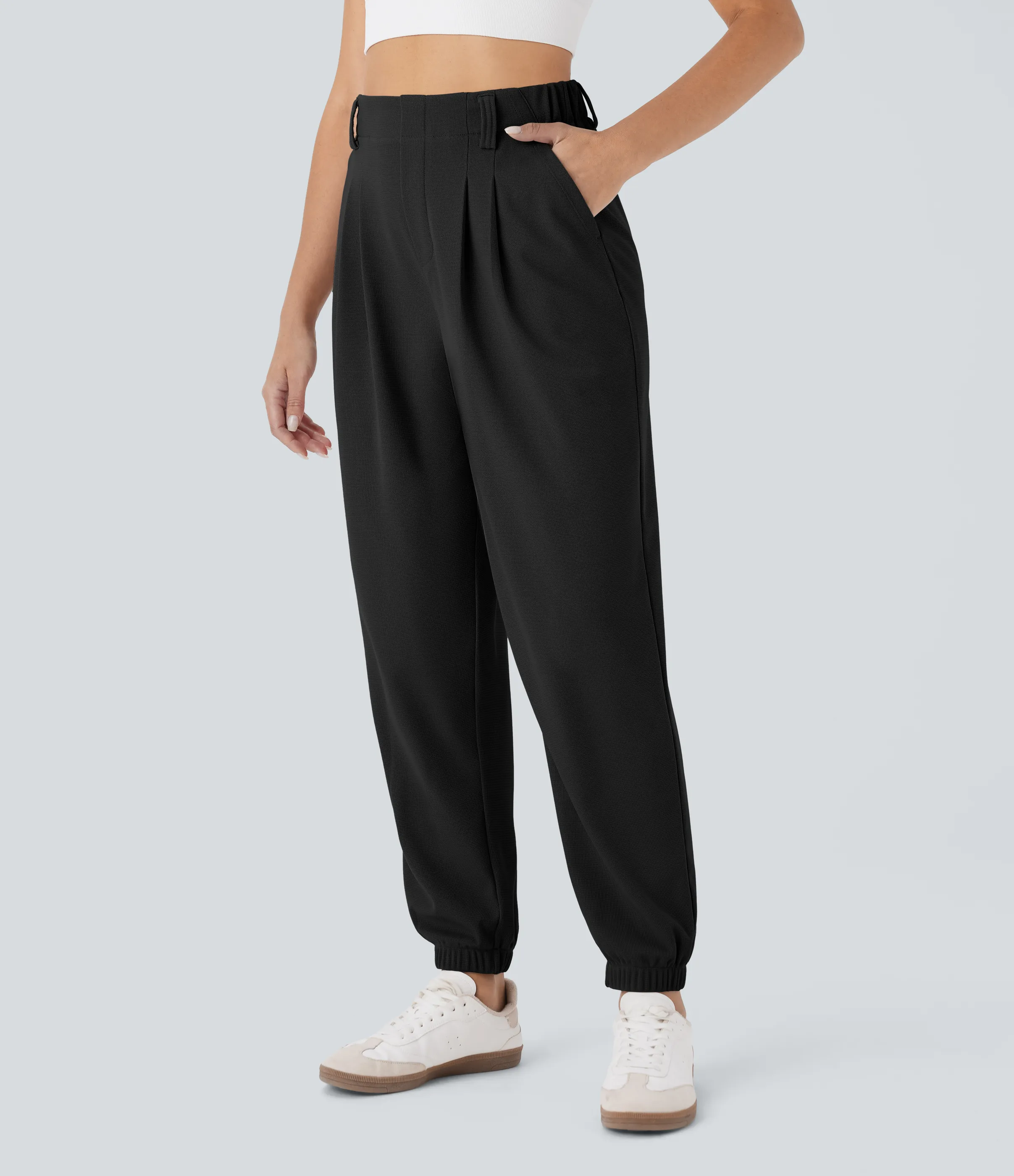 Halara Joggers casuales de tiro alto ajustados en tela gofre con bolsillos - Black - XL(regular) sold by Halara