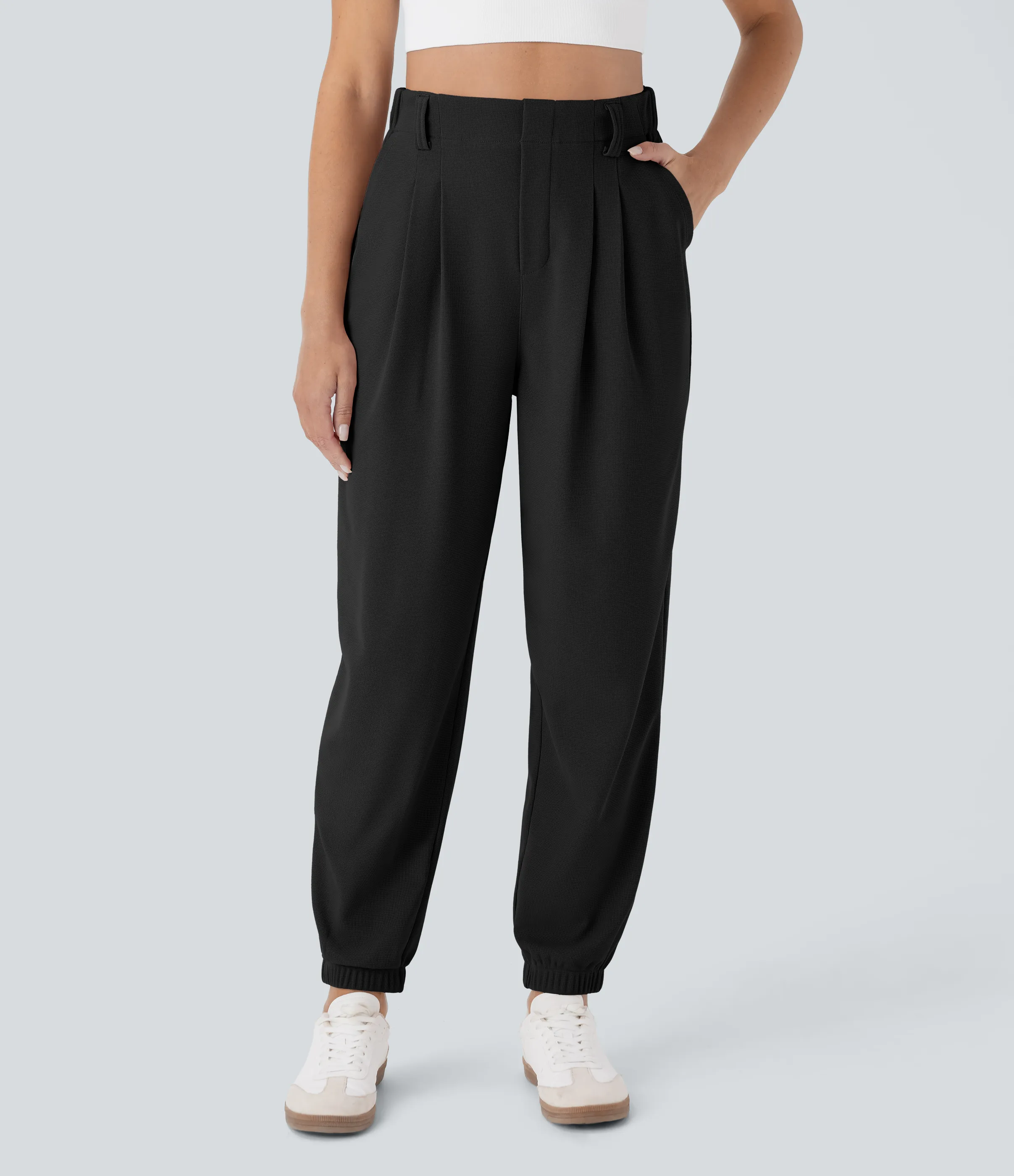 Halara Joggers casuales de tiro alto ajustados en tela gofre con bolsillos - Black - XL(regular) sold by Halara product image thumbnail 4