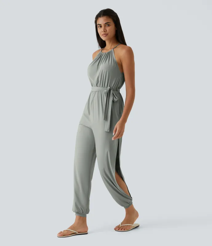 Halara Mono sin manga lazo espalda plisado cinturón bolsillo lateral cut-out tacto fresco Resort - Storm Gray - L(regular) sold by Halara