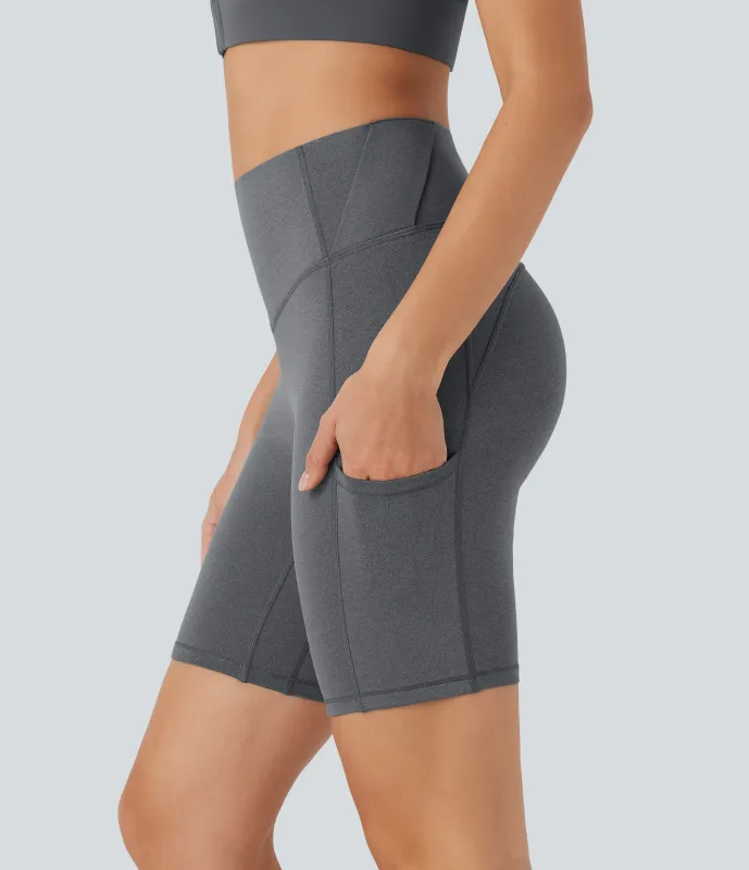 Halara Shorts de yoga biker de 18cm con tiro alto efecto moldeador de abdomen y bolsillos - Dusky Charcoal - XS sold by Halara