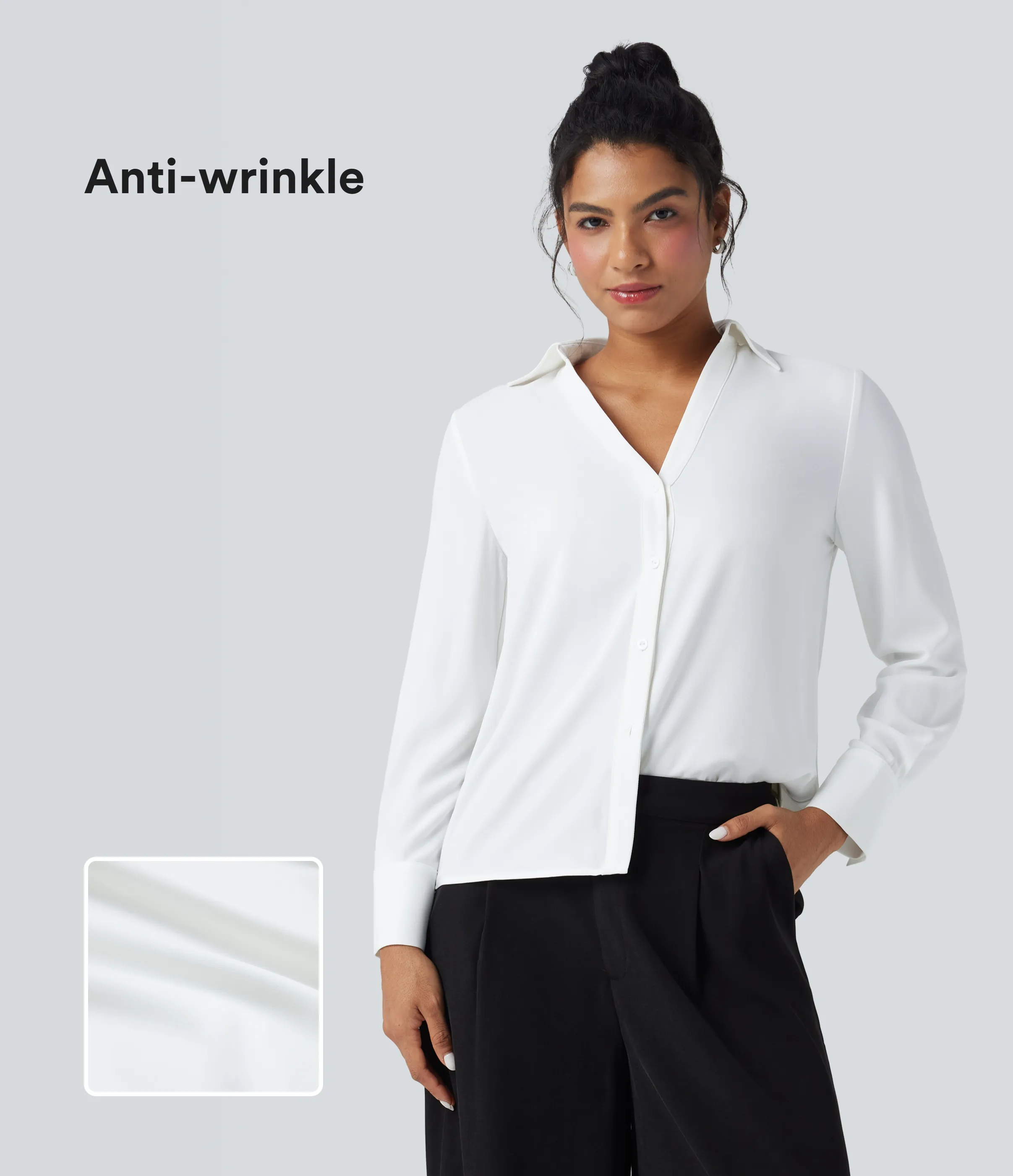 Halara Camisa de oficina de gasa de manga larga con cuello en V antiarrugas - White - S sold by Halara