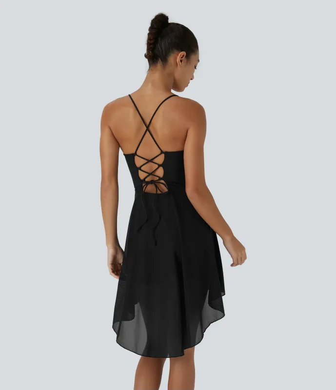 Halara Vestido deportivo mini de baile asimétrico con corset, encaje y malla en contraste con bolsillos en copas D-F - Black - XS sold by Halara