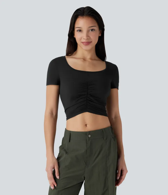 Halara Top deportivo senderismo cuello cuadrado manga corta fruncido - UPF 40+ - Black - XL sold by Halara