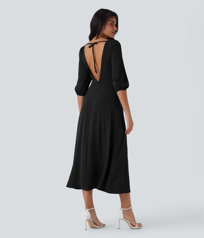 Halara Vestido de dama de honor e invitada de boda con abertura, espalda descubierta, lazo, cremallera y mangas abullonadas - Black - XS sold by Halara