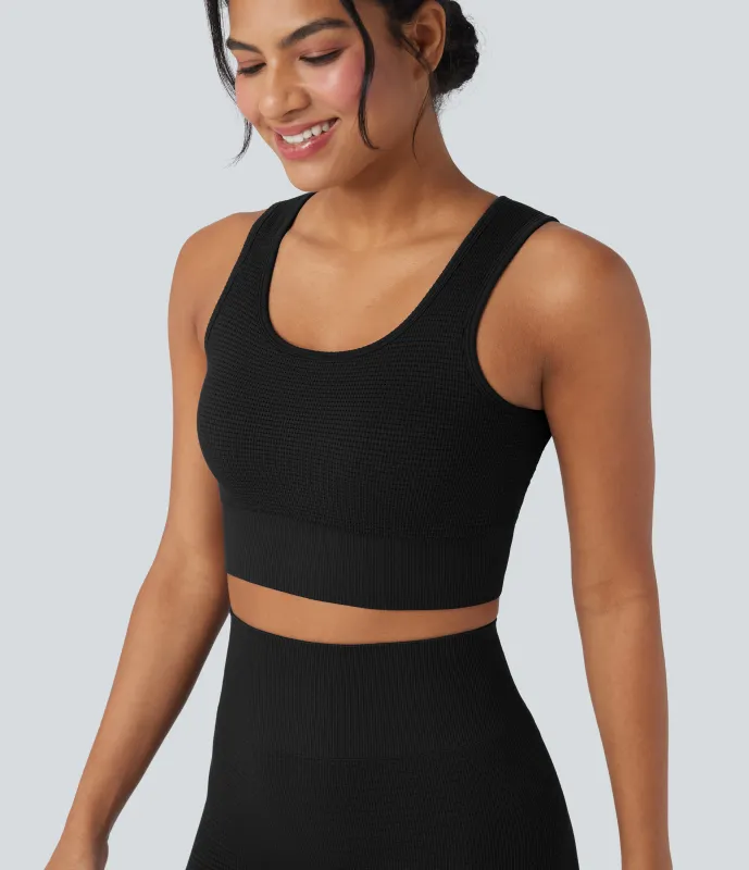 Halara Sujetador deportivo de yoga en tejido waffle con escote en U de sujeción baja sin costuras - Black - XL made by Halara