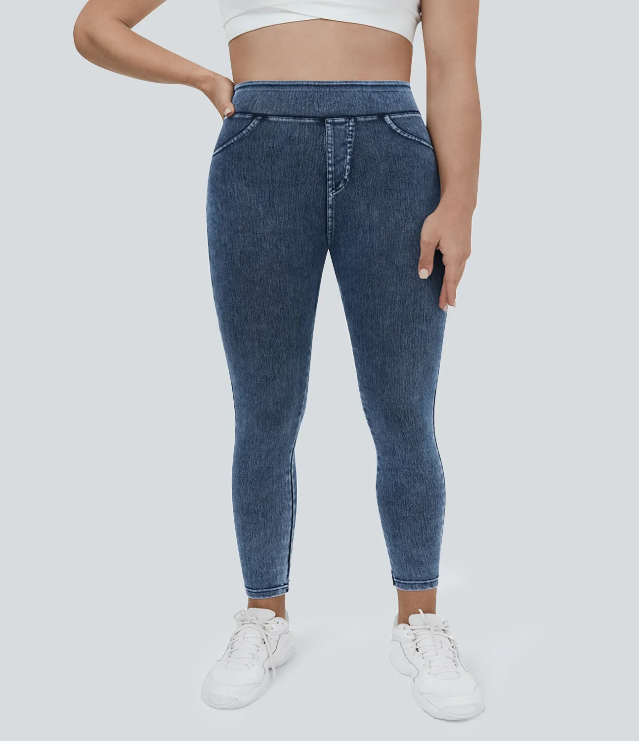 Halara Leggings Halara Flex™ Denim elásticos de talla grande con tiro alto y bolsillos traseros - Washed Denim Bleached Blue - 1X sold by Halara product image thumbnail 3