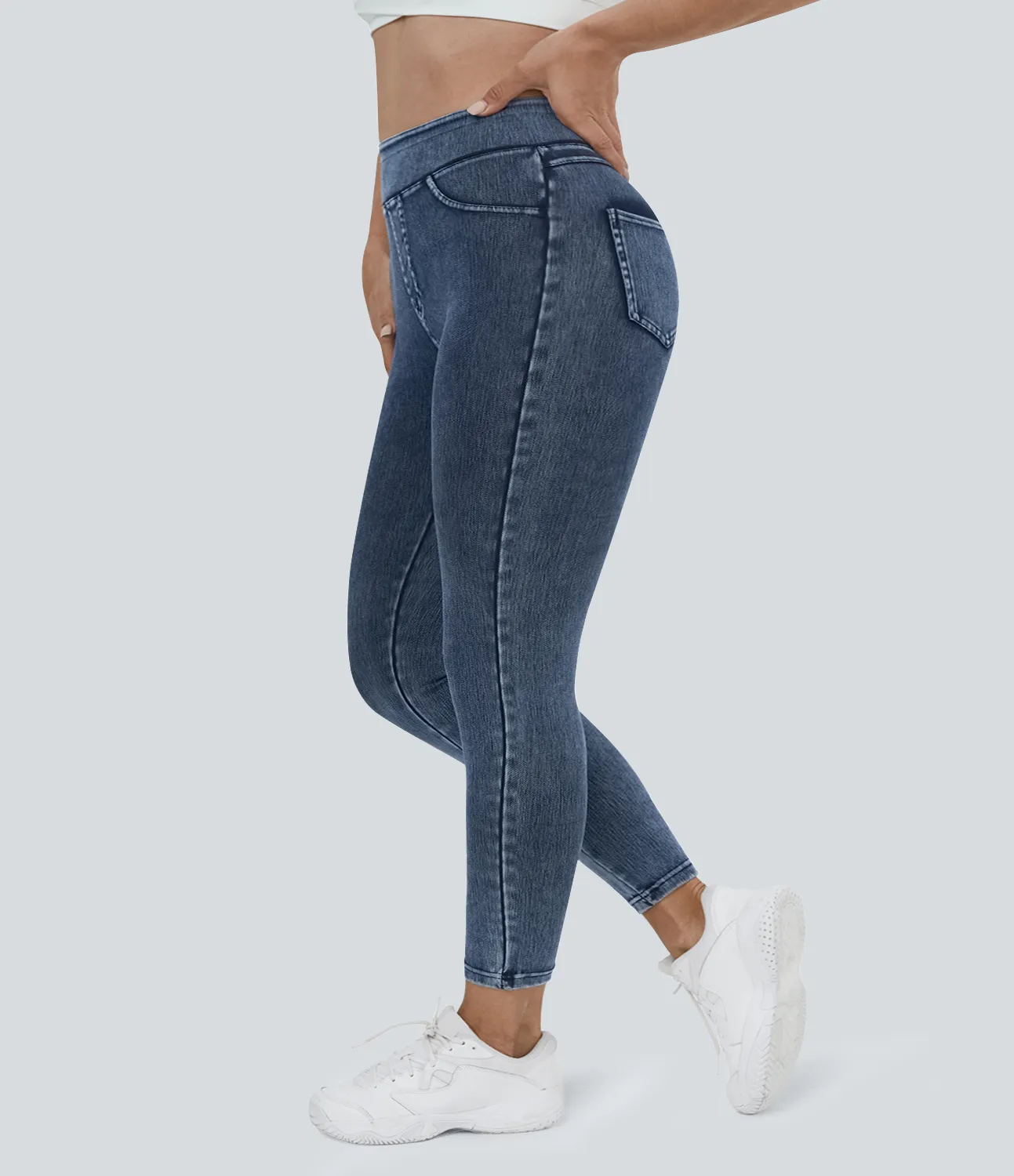 Halara Leggings Halara Flex™ Denim elásticos de talla grande con tiro alto y bolsillos traseros - Washed Denim Bleached Blue - 1X sold by Halara product image thumbnail 4