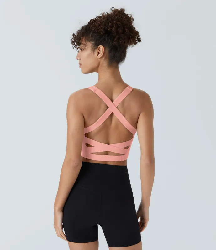 Halara Top corto de yoga SoftlyZero™ Airy con escote cuadrado, sin espalda, tirantes cruzados y tacto fresco-UPF50+ en copas D-F - Peach Melba - XL sold by Halara