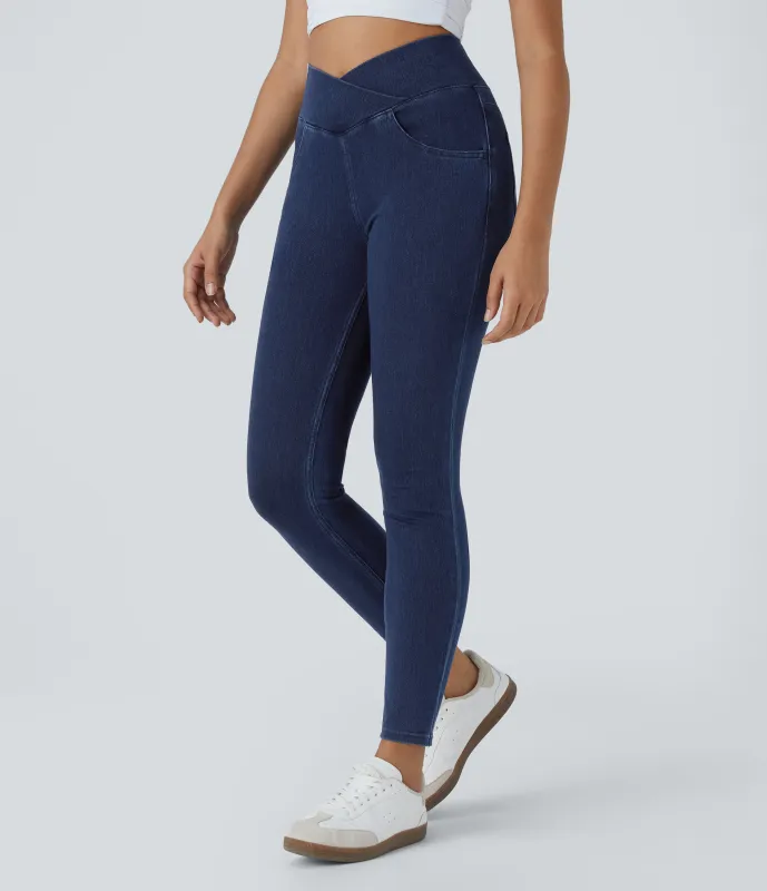 Halara Leggings Halara Flex™ Denim oficina elástico múltiple bolsillo cruzado tiro alto - Washed Denim Navy Blue - XS(full_length) sold by Halara