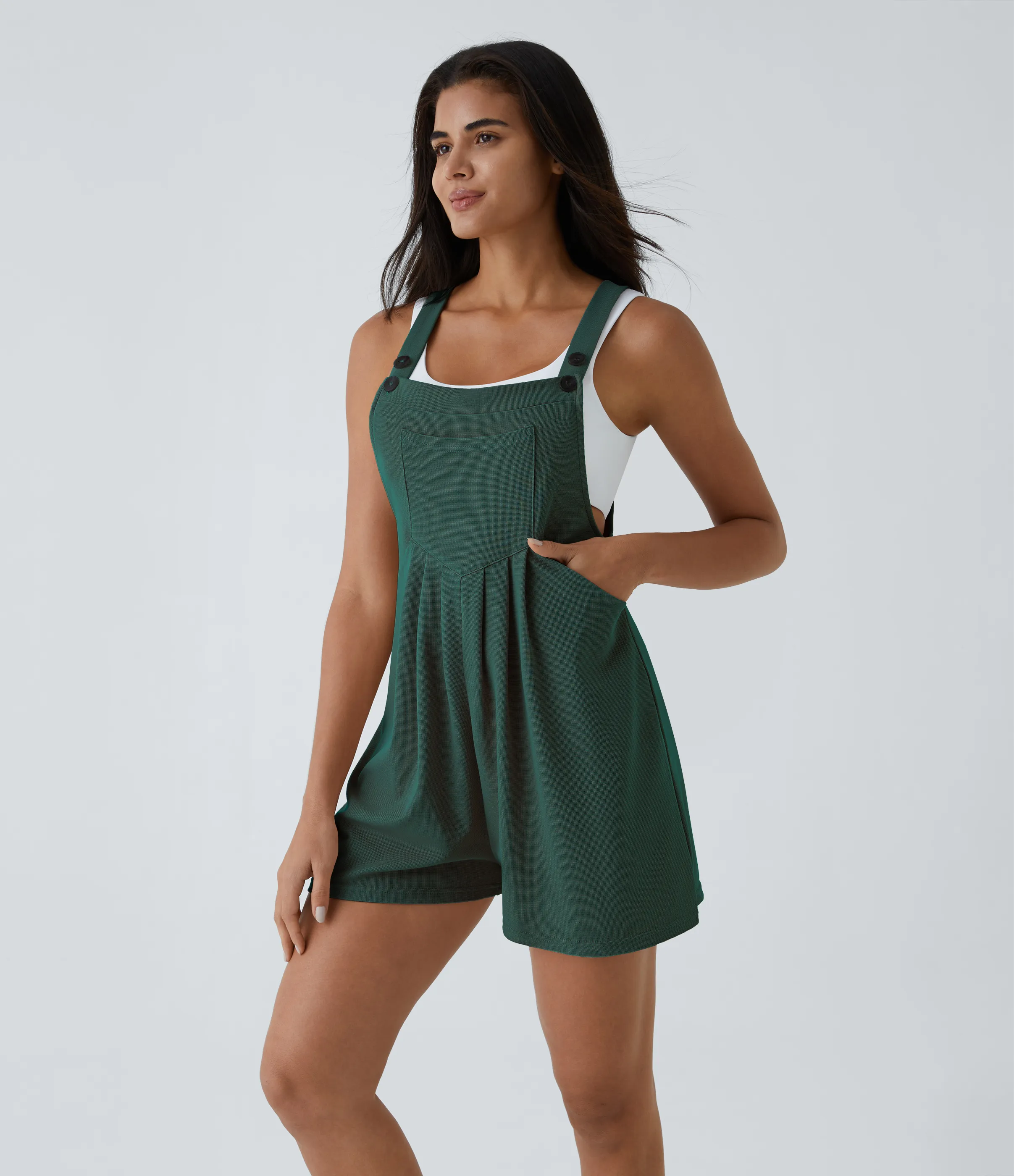 Halara Overol botón correa ajustable bolsillo múltiple gofre plisado - Forest Biome - L sold by Halara product image thumbnail 4