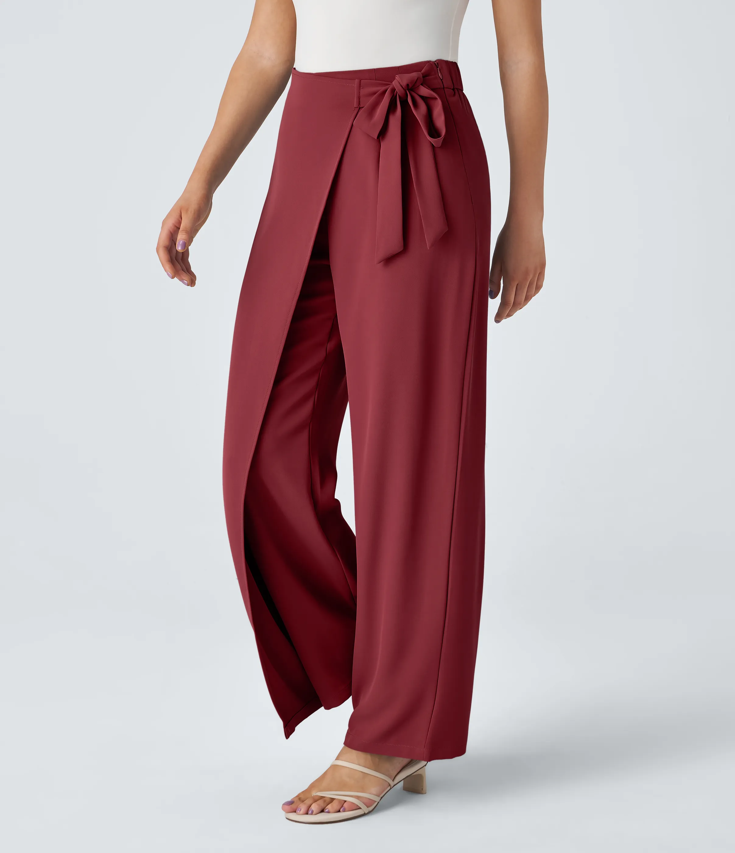 Halara Pantalón oficina pierna ancha cremallera invisible tiro alto lazo lateral - Plum Bossom Red - XS(regular) sold by Halara product image thumbnail 4