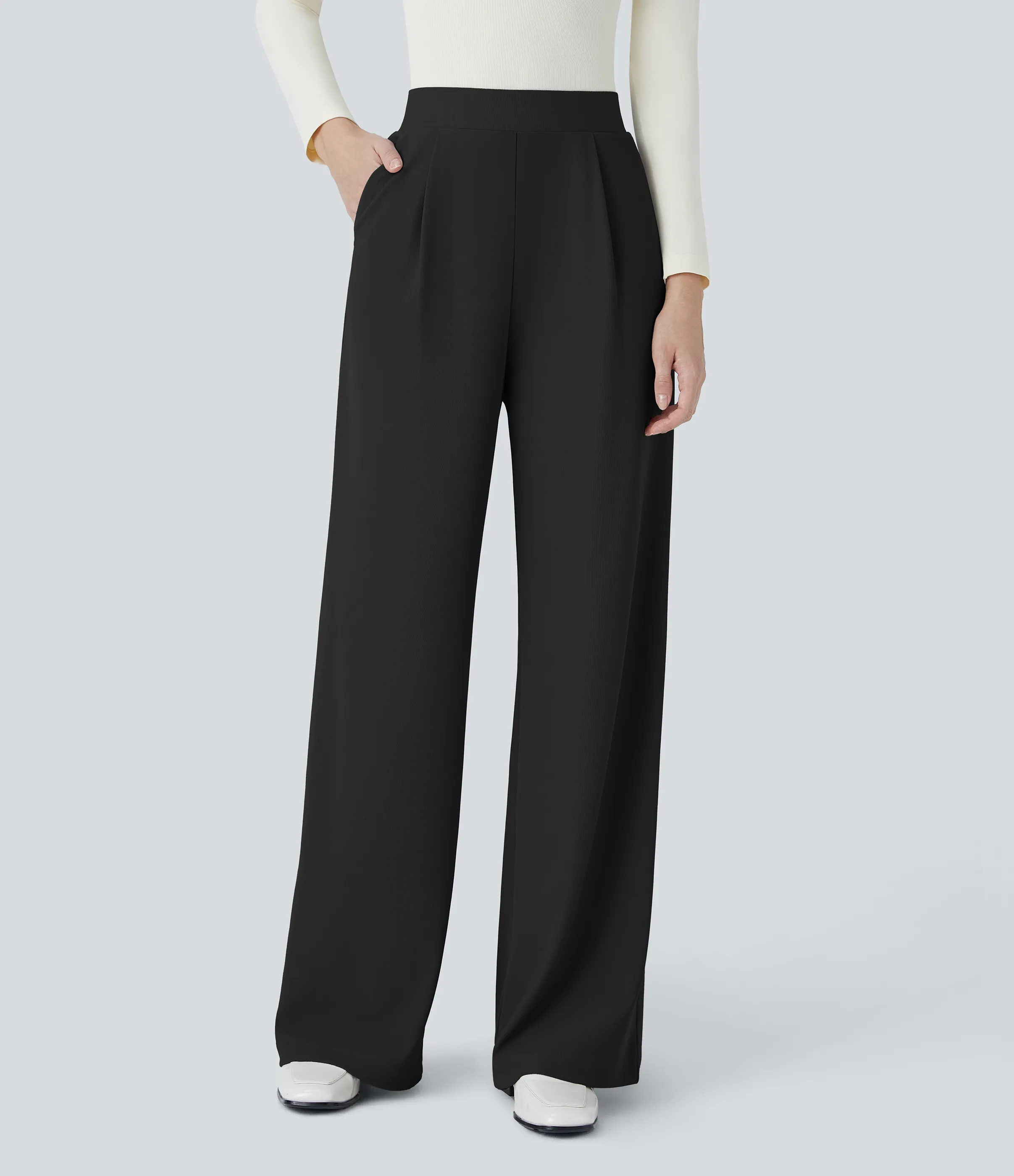 Halara Pantalón Halara Flex™ oficina tiro alto control abdomen adelgazan tiro bolsillo lateral pierna ancha micro gofre - Black - M(petite) sold by Halara