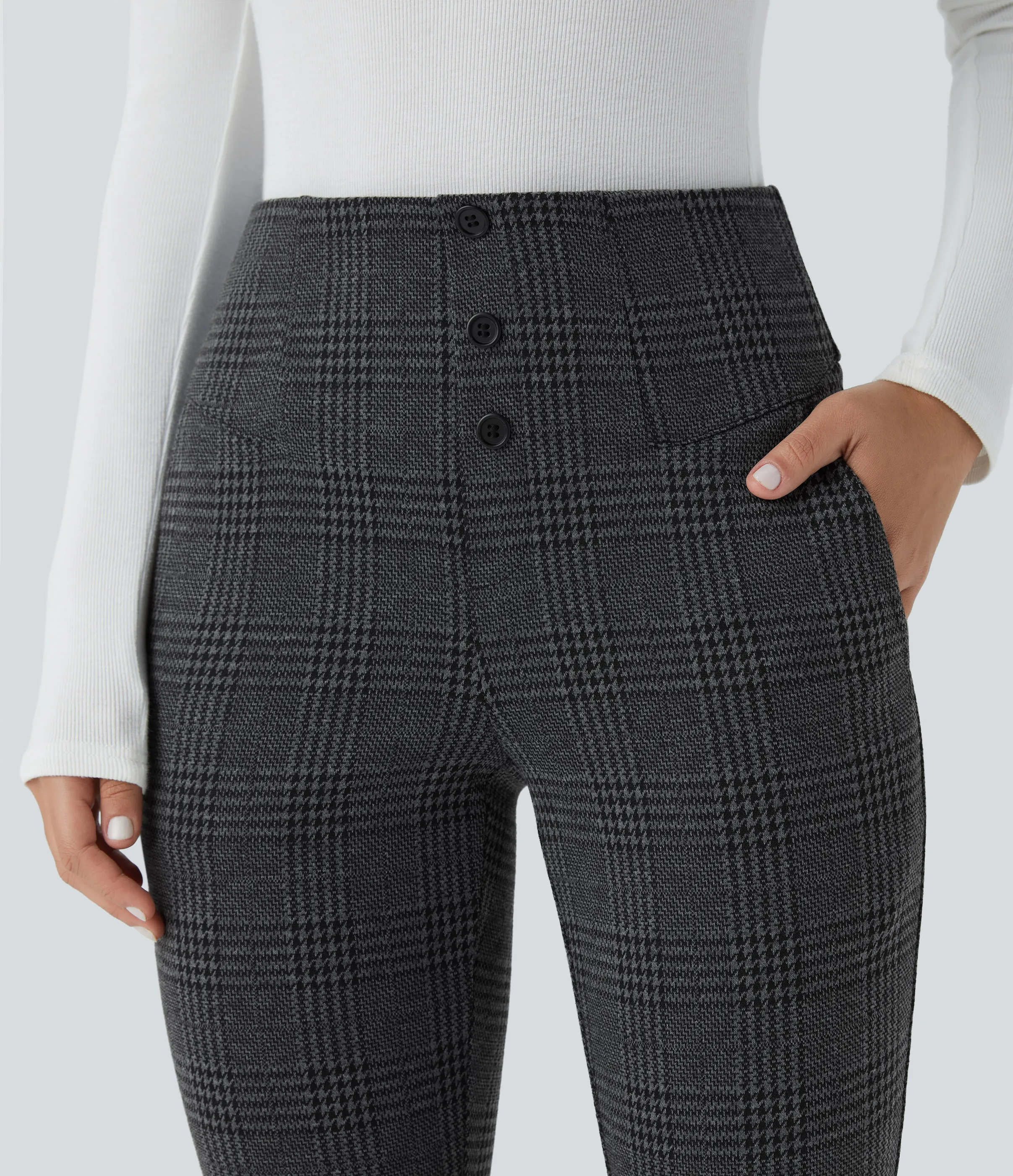 Halara Pantalón Halara Flex™ oficina ajustado pata gallo bolsillo lateral botón decorativo tiro alto - Charcoal Black Houndstooth Plaid - S(regular) sold by Halara product image thumbnail 5