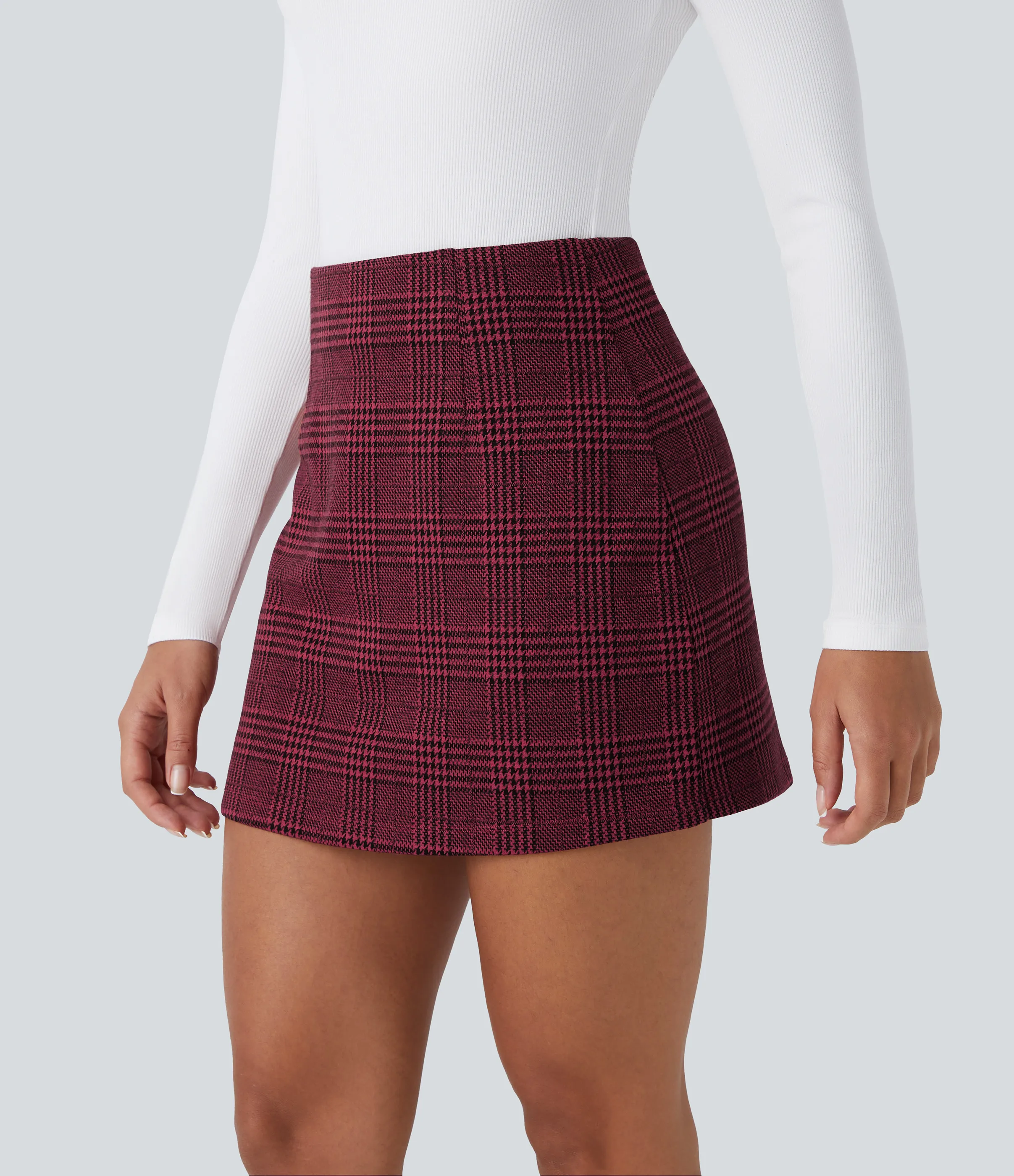 Halara Minifalda oficina cuadros pata gallo 2 en 1 tiro alto - Burgundy Houndstooth Pattern - S(regular) sold by Halara product image thumbnail 4