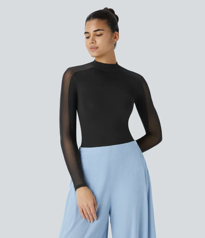 Halara Top oficina ajustado malla contrastante manga larga raglán cuello alto - Black - L sold by Halara