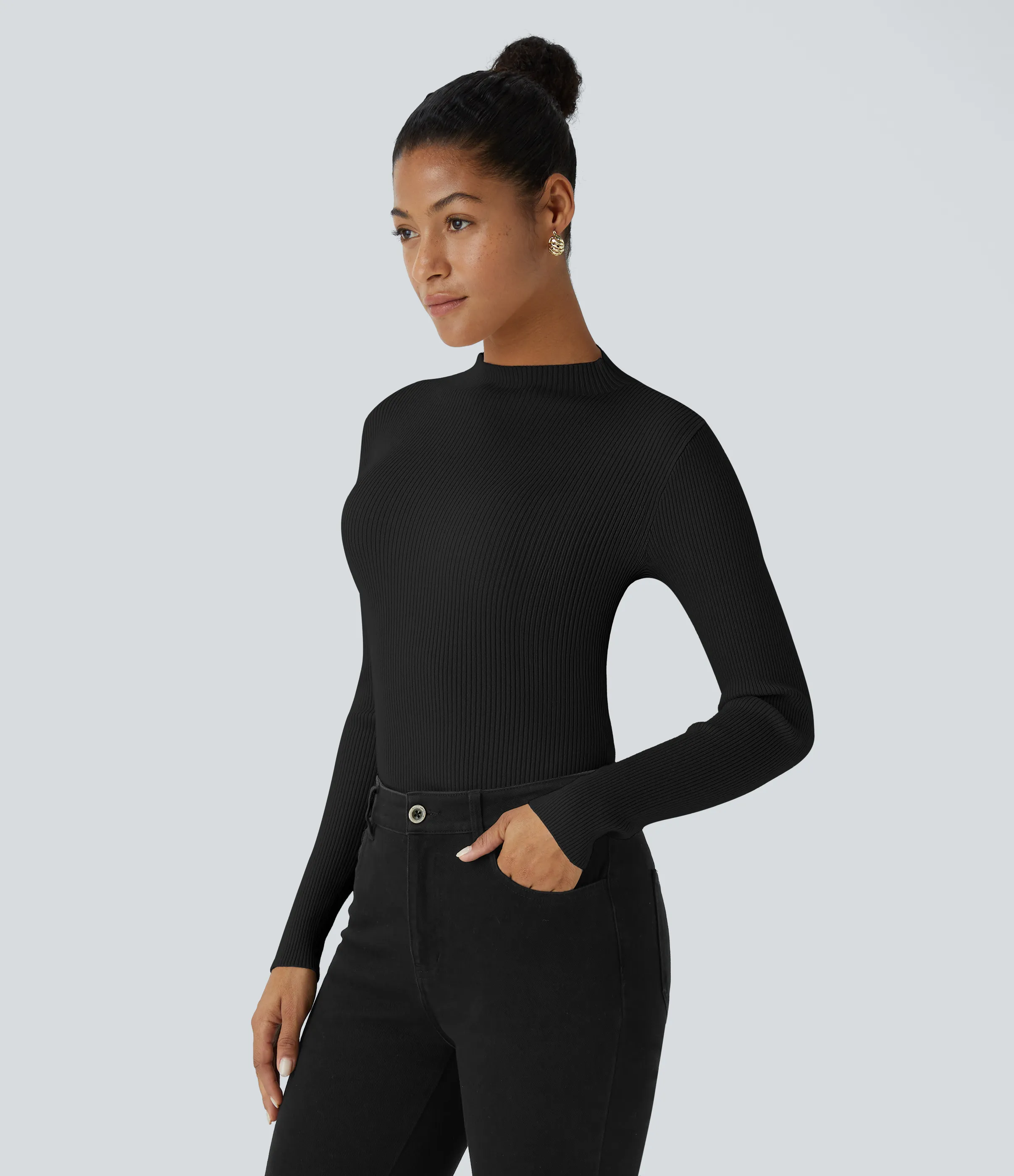 Halara Suéter manga larga cuello redondo acanalado - Black - XL sold by Halara product image thumbnail 4