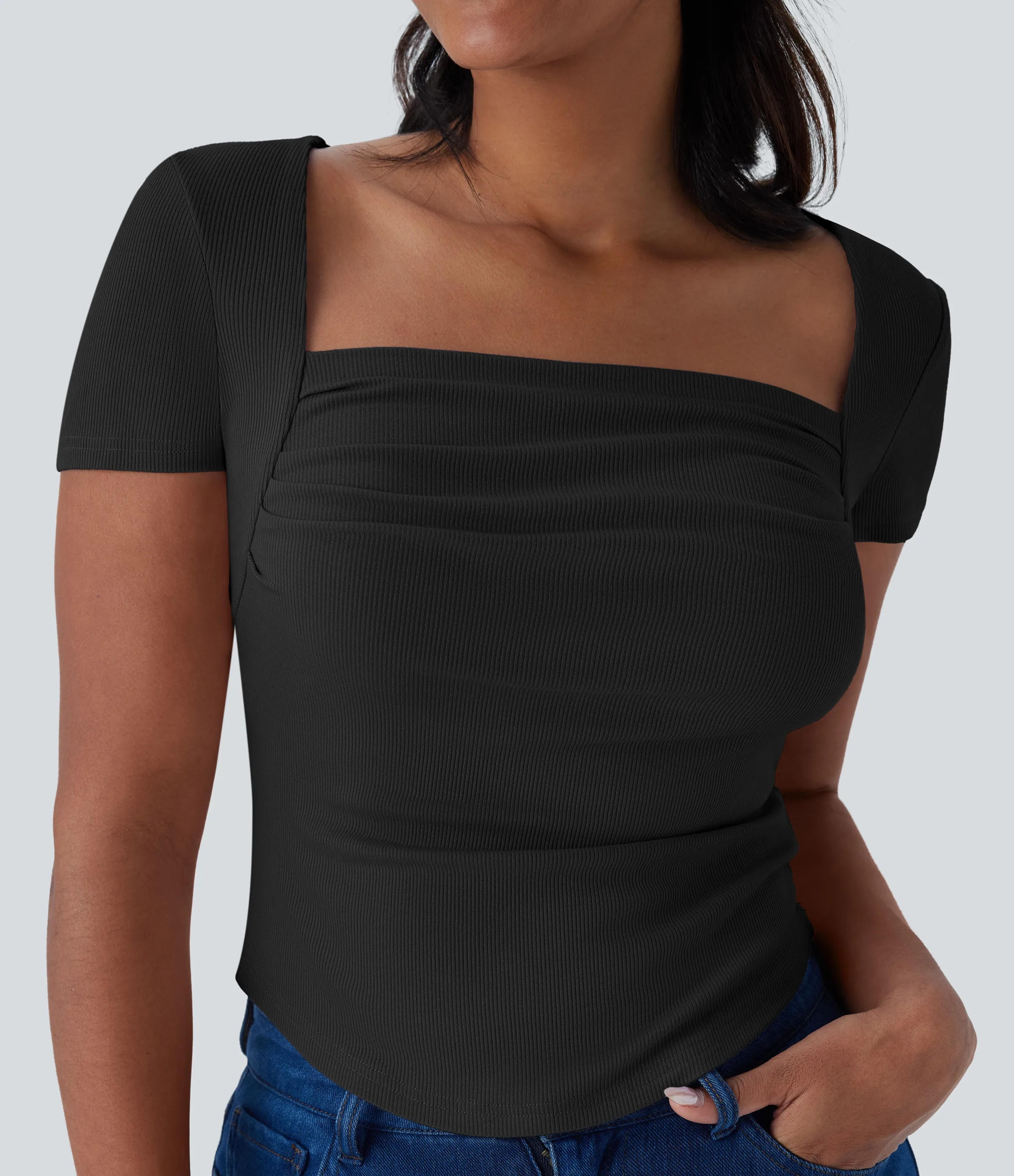 Halara Camiseta ajustada 2 en 1 bebé cuello cuadrado dobladillo curvo fruncido acanalado - Black - XS sold by Halara