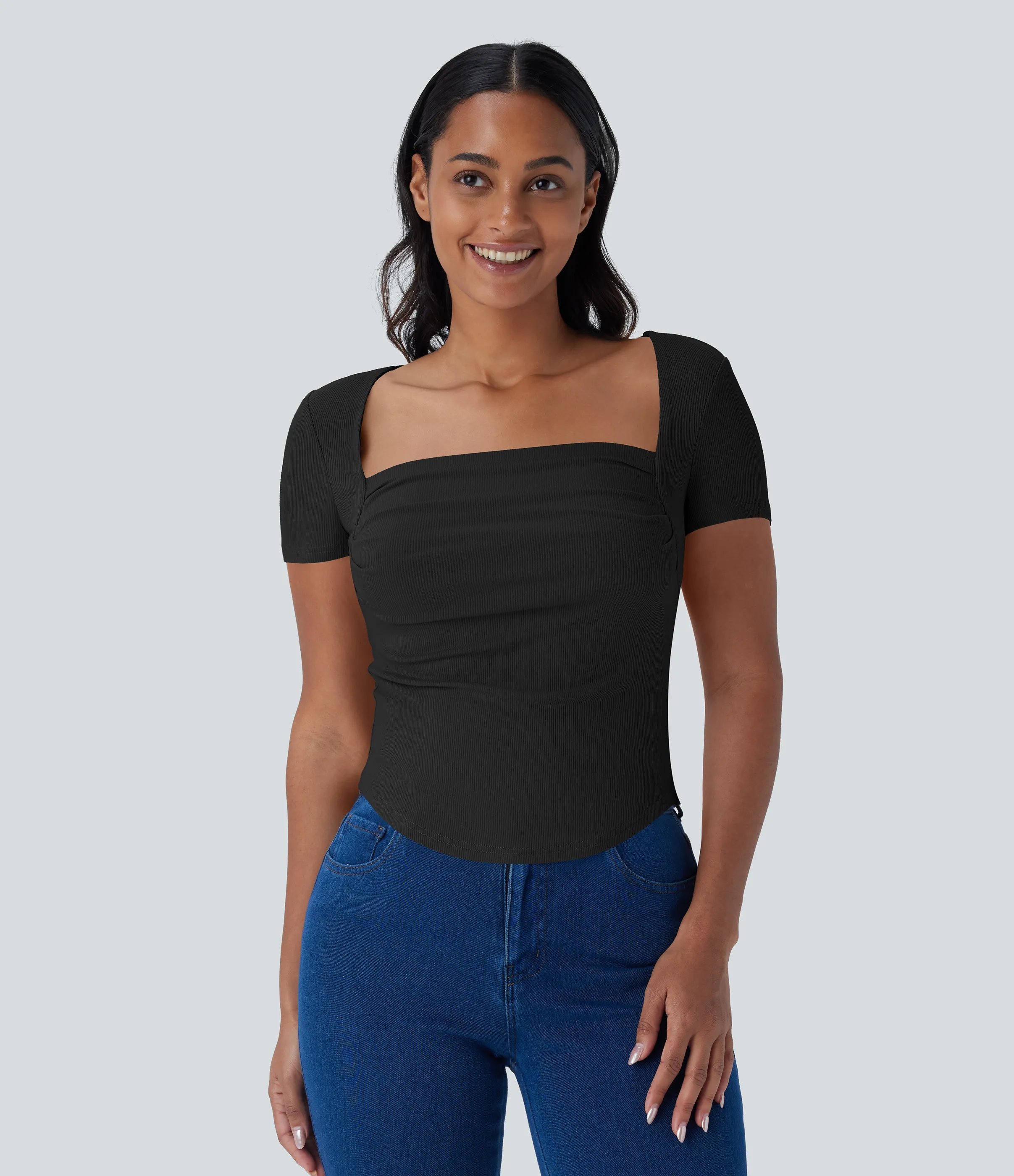 Halara Camiseta ajustada 2 en 1 bebé cuello cuadrado dobladillo curvo fruncido acanalado - Black - XS sold by Halara product image thumbnail 4