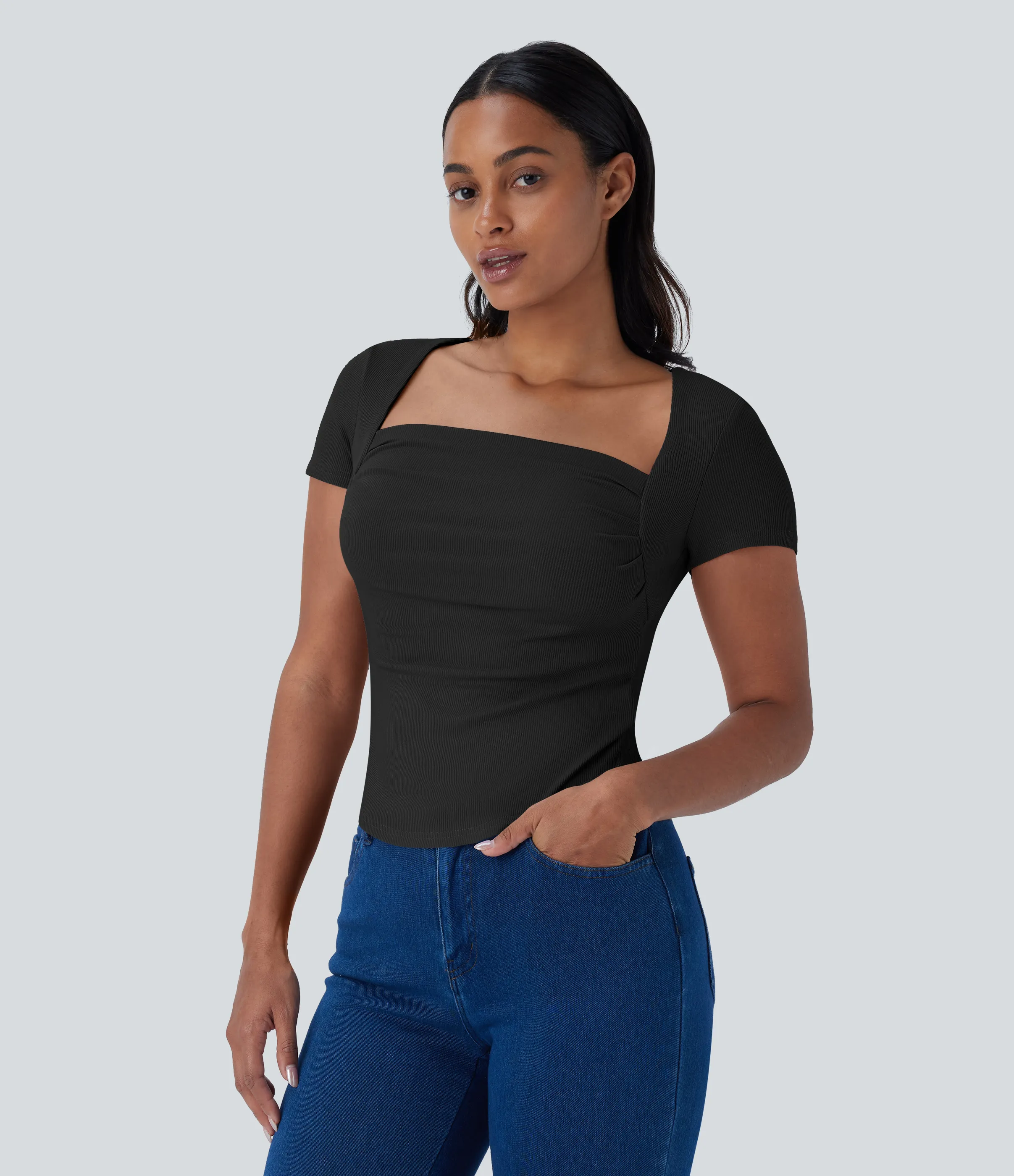 Halara Camiseta ajustada 2 en 1 bebé cuello cuadrado dobladillo curvo fruncido acanalado - Black - XS sold by Halara product image thumbnail 5