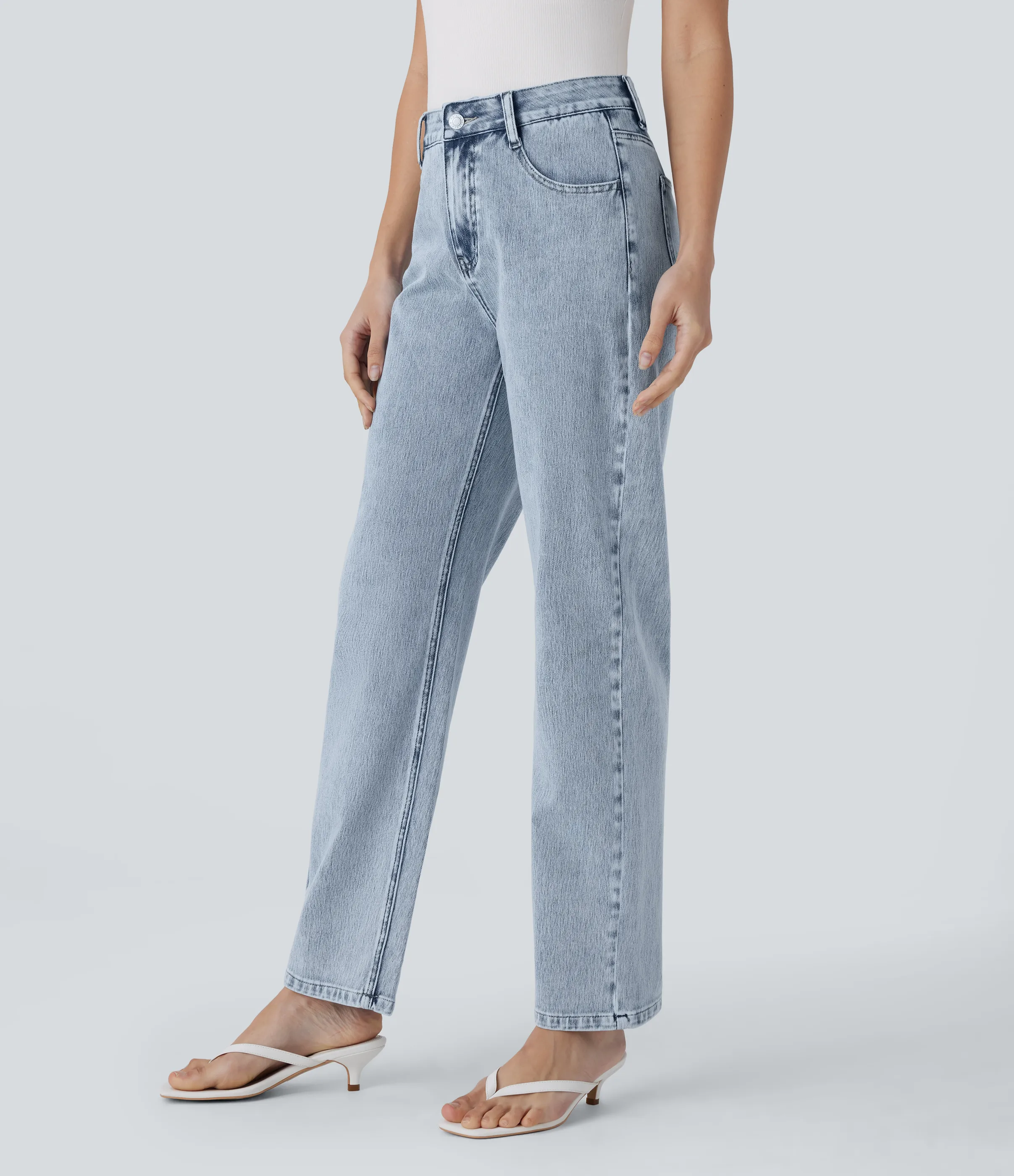 Halara Jeans Halara Flex™ Denim elástico tiro alto cierre botón múltiple bolsillo pierna recta - Creek Blue Denim - M(petite) sold by Halara product image thumbnail 4