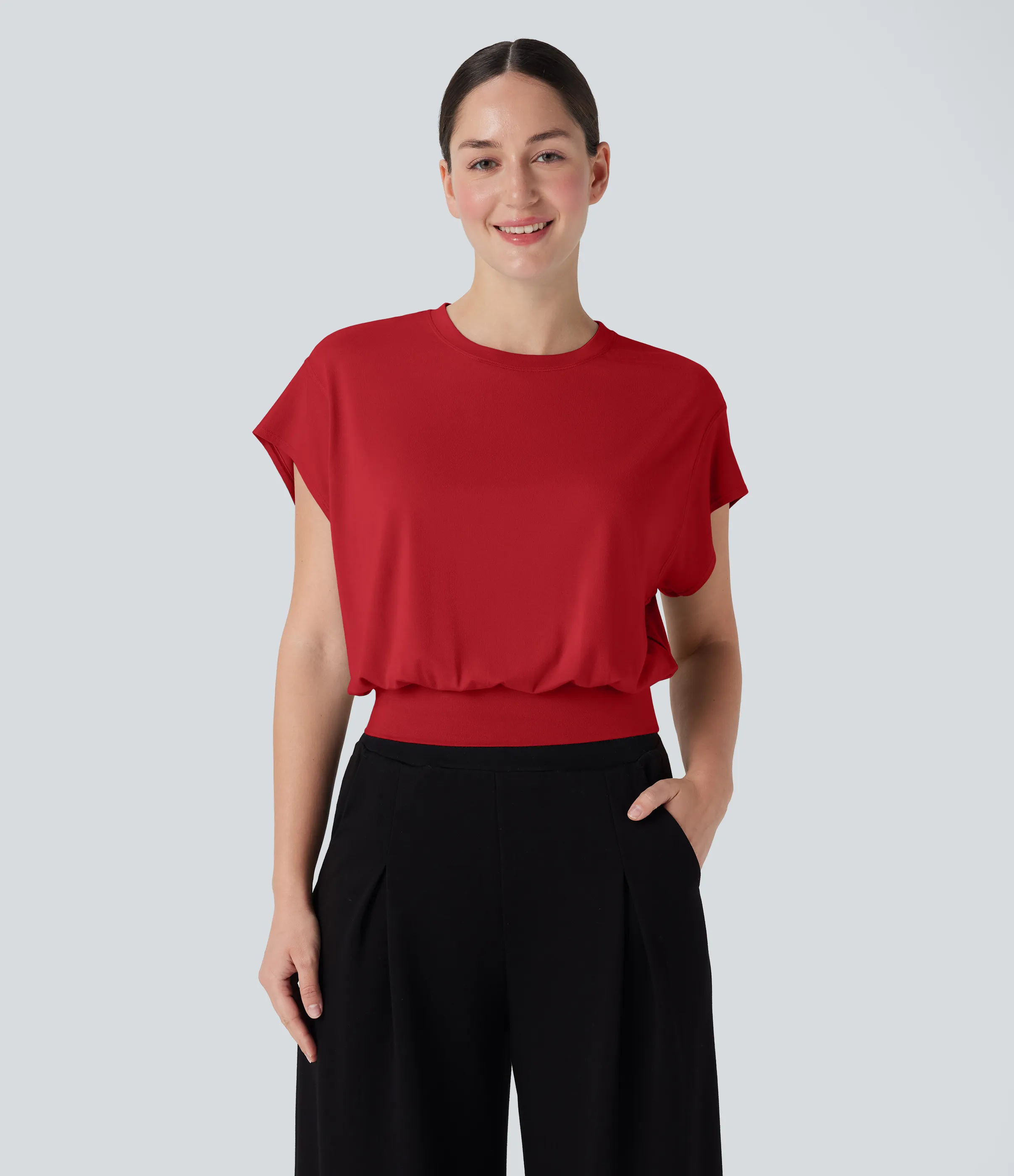 Halara Camiseta de oficina de manga corta de murciélago con cuello redondo - Haute Red - XS sold by Halara product image thumbnail 2