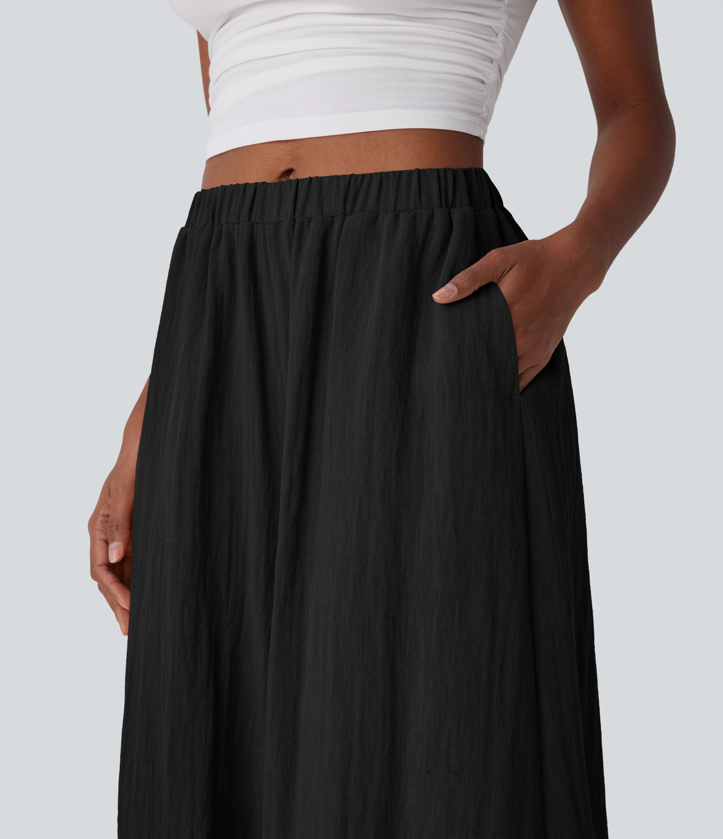 Halara Pantalones de lino anchos y fluidos de tiro medio con bolsillos laterales - Black - M(regular) sold by Halara product image thumbnail 5