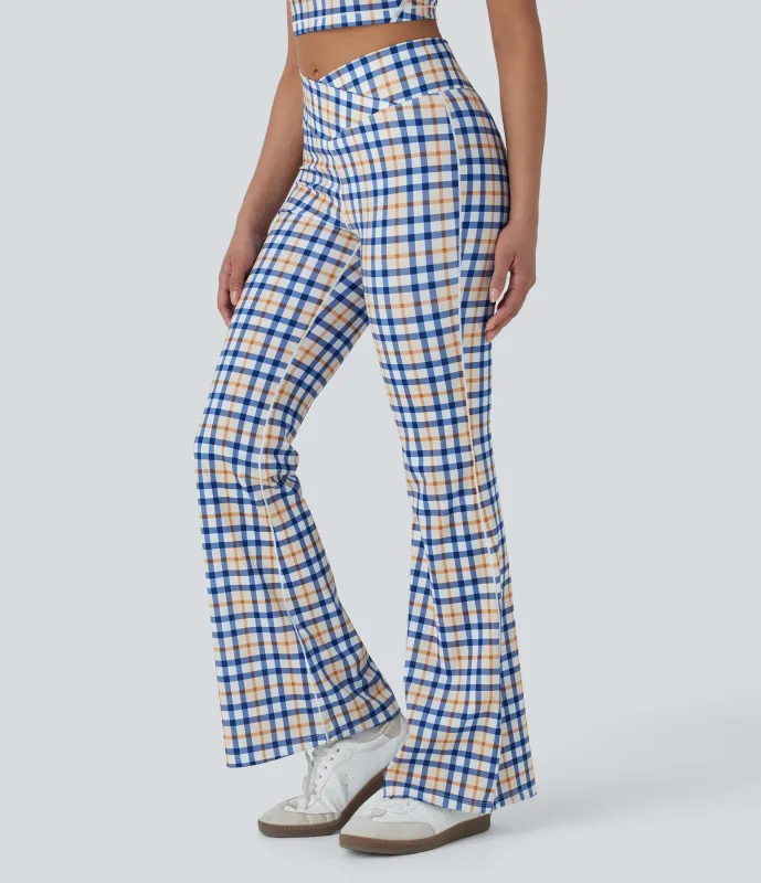 Halara Leggings de yoga acampanados de tiro alto con diseño a cuadros y tacto fresco con bolsillo - Blue White Golden Haze Plaid - M(regular) made by Halara