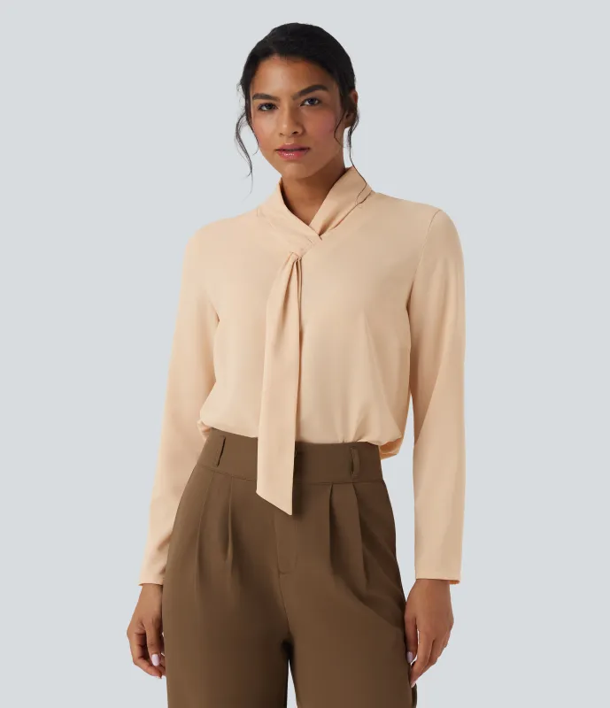 Halara Camisa de oficina de manga larga con cuello de bufanda antiarrugas - Gray Sand - XS sold by Halara