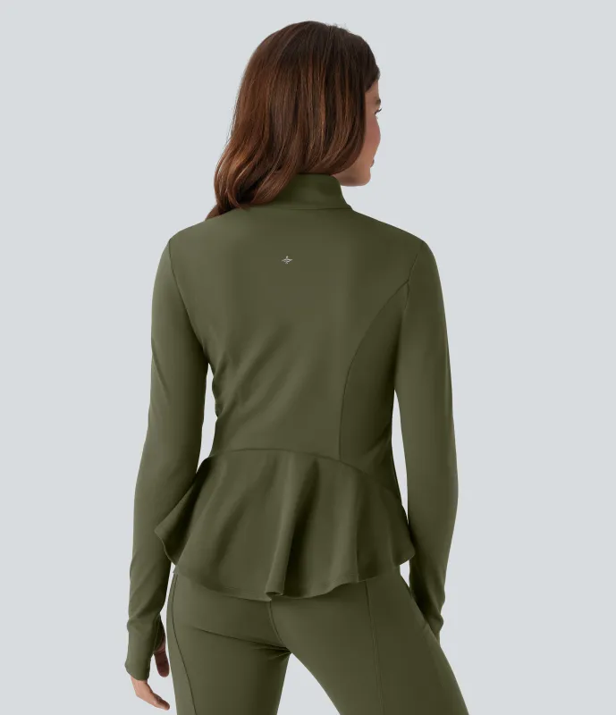 Halara Chaqueta ajustada con cuello alto, cremallera, abertura para el pulgar, dobladillo con volantes y bolsillos - Forest Night - L sold by Halara