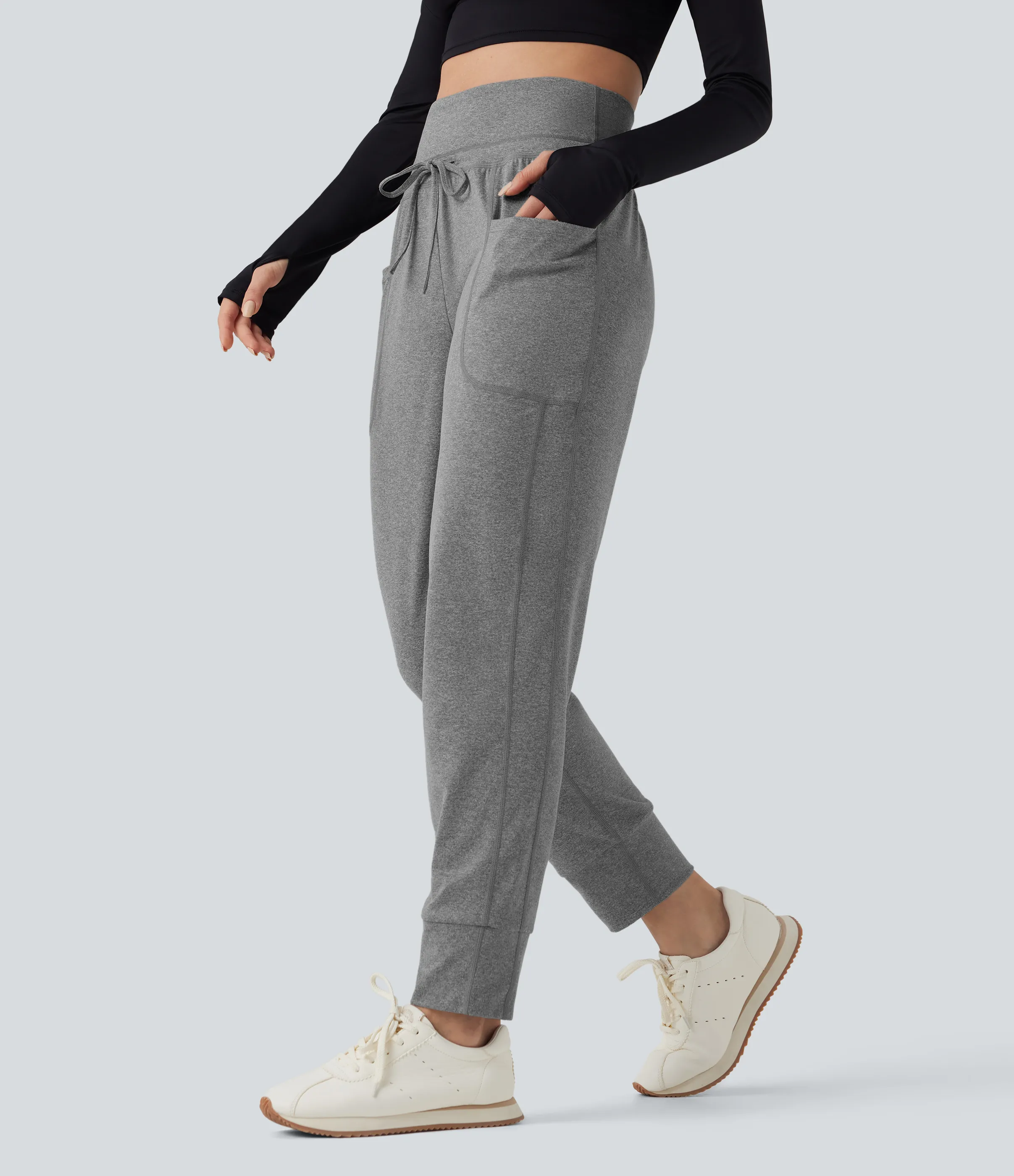 Halara Pantalones de yoga fruncidos de tiro alto con cordón y bolsillos - Mottled Light Grey - XS(regular) sold by Halara product image thumbnail 4