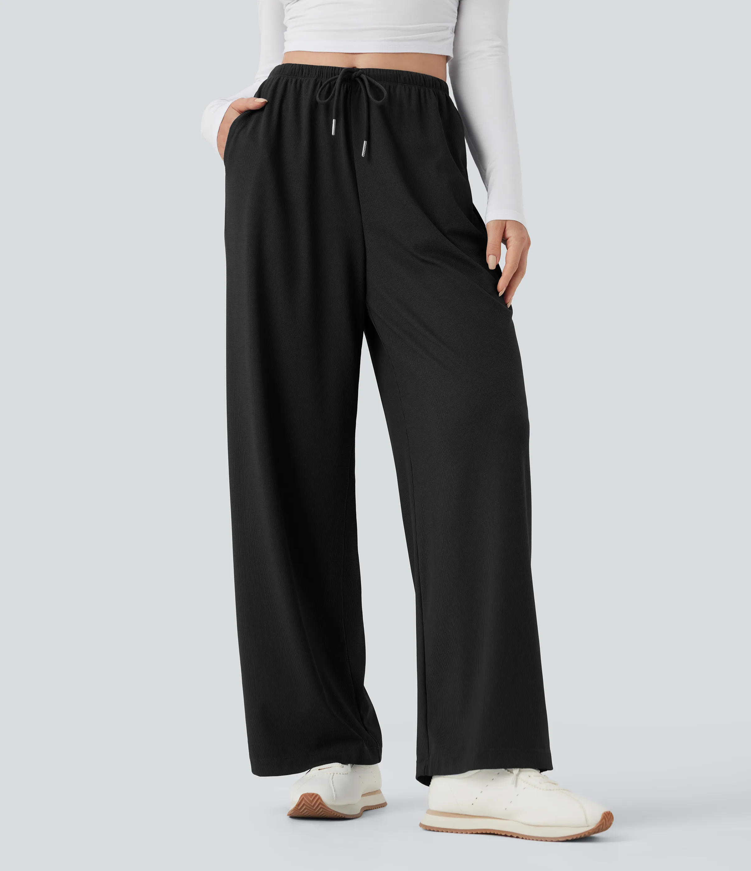 Halara Pantalones de yoga rectos de tiro medio con cordón y tejido gofre con bolsillos - Black - XS(regular) sold by Halara