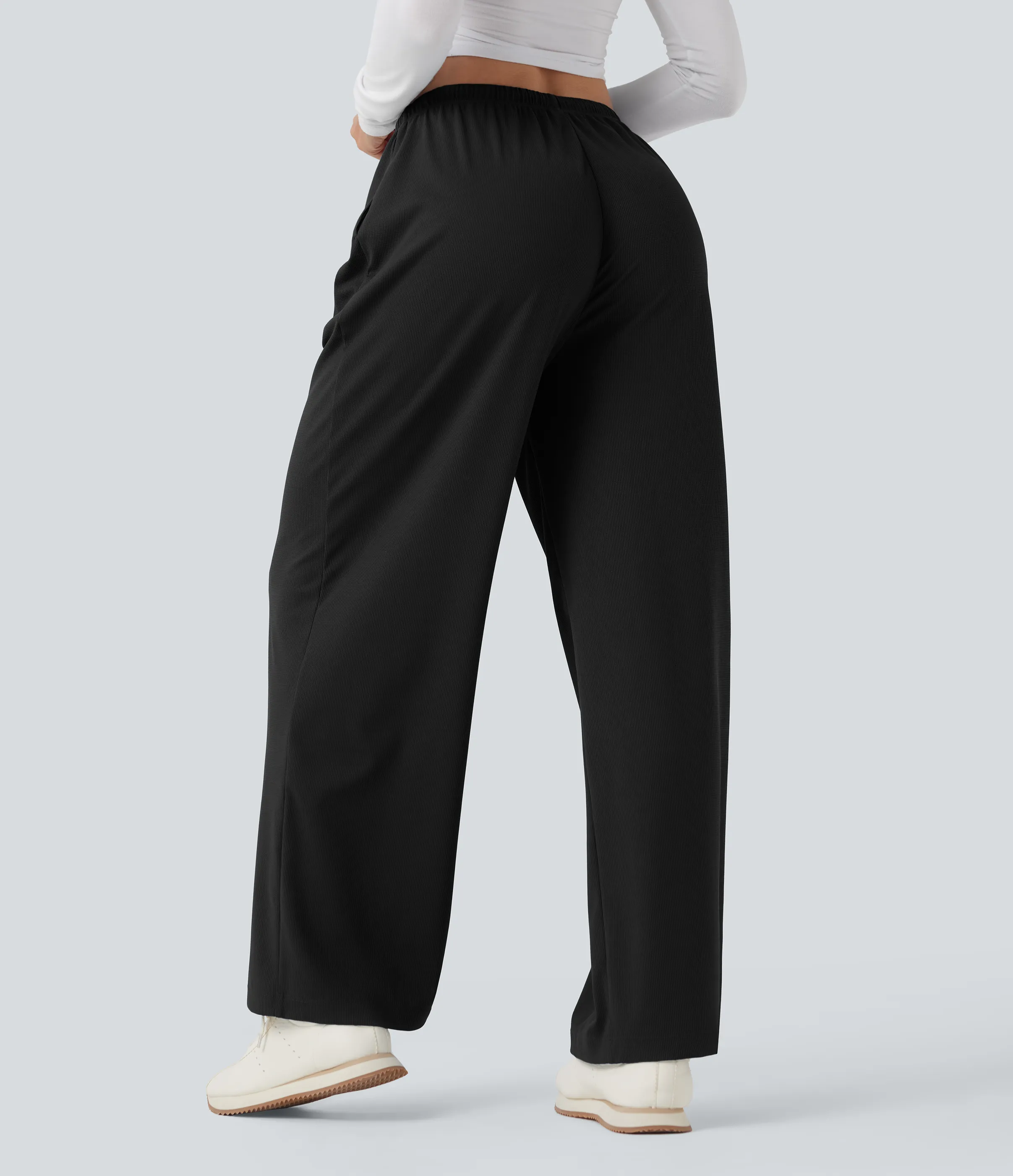 Halara Pantalones de yoga rectos de tiro medio con cordón y tejido gofre con bolsillos - Black - XS(regular) sold by Halara product image thumbnail 3