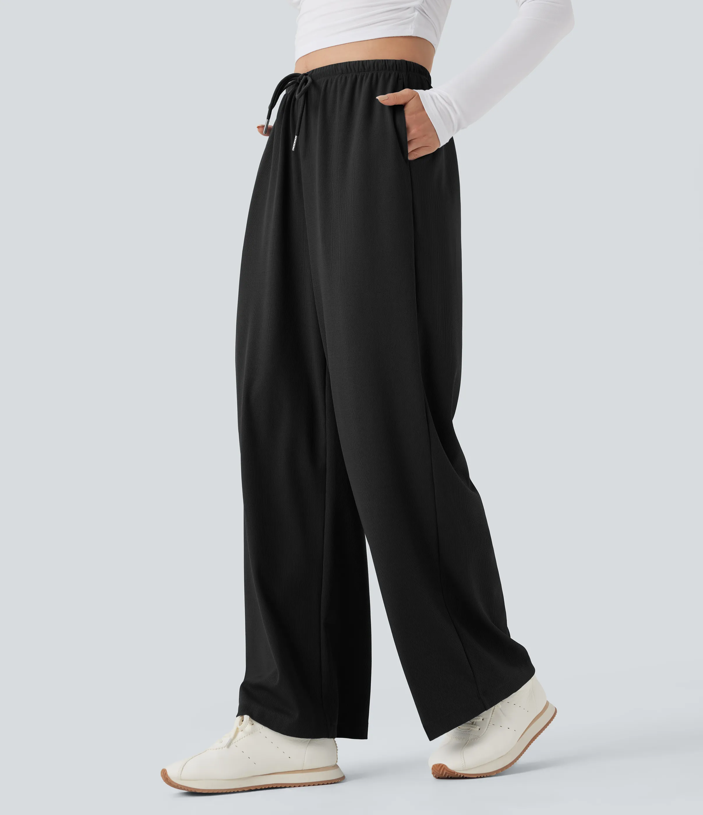 Halara Pantalones de yoga rectos de tiro medio con cordón y tejido gofre con bolsillos - Black - XS(regular) sold by Halara product image thumbnail 4