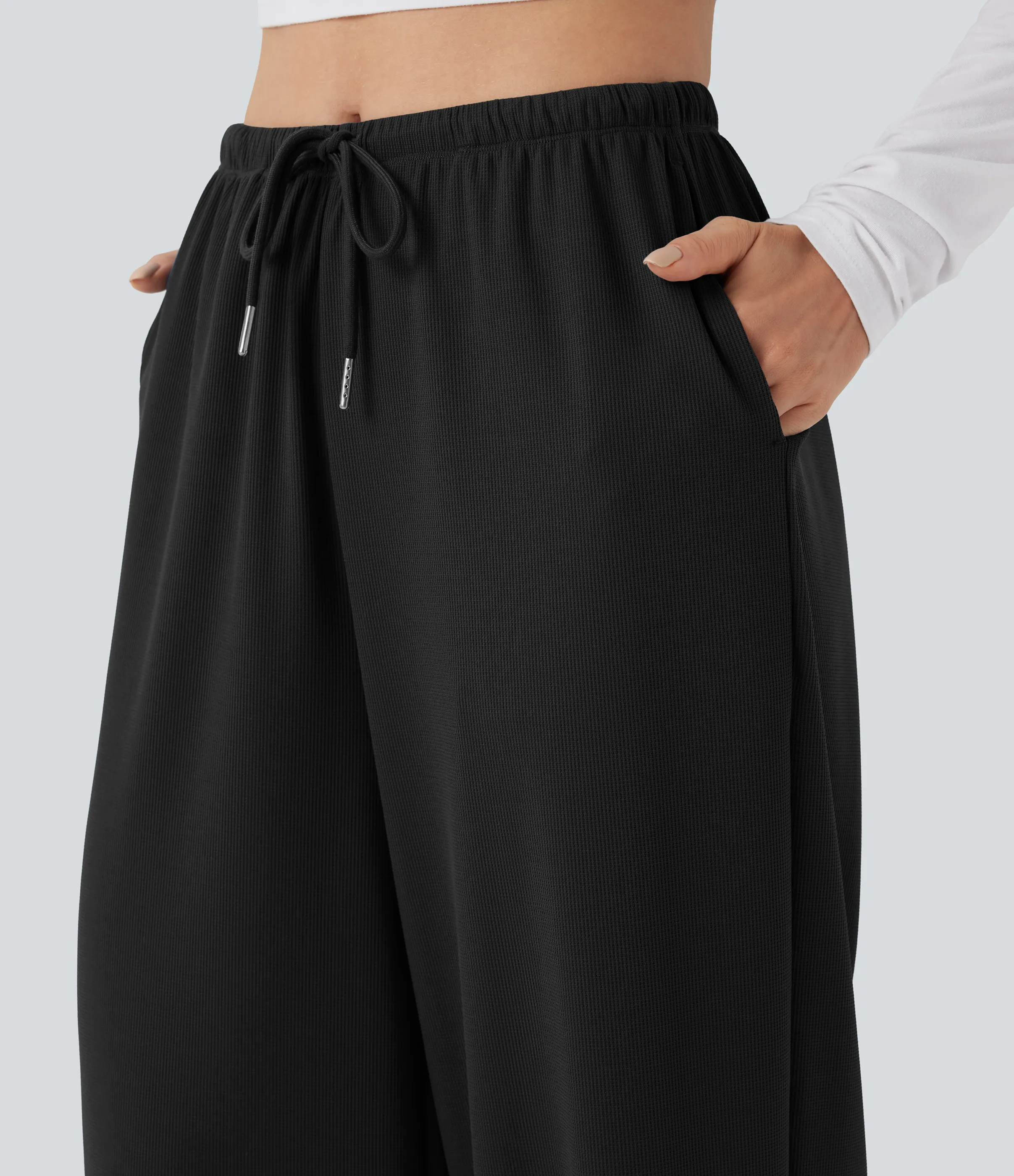 Halara Pantalones de yoga rectos de tiro medio con cordón y tejido gofre con bolsillos - Black - XS(regular) sold by Halara product image thumbnail 5