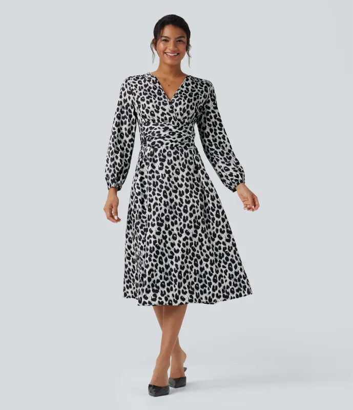 Halara Vestido casual midi con cuello en V de manga larga con lazo en la espalda y estampado de leopardo con bolsillos - Silver Leopard Print - S sold by Halara