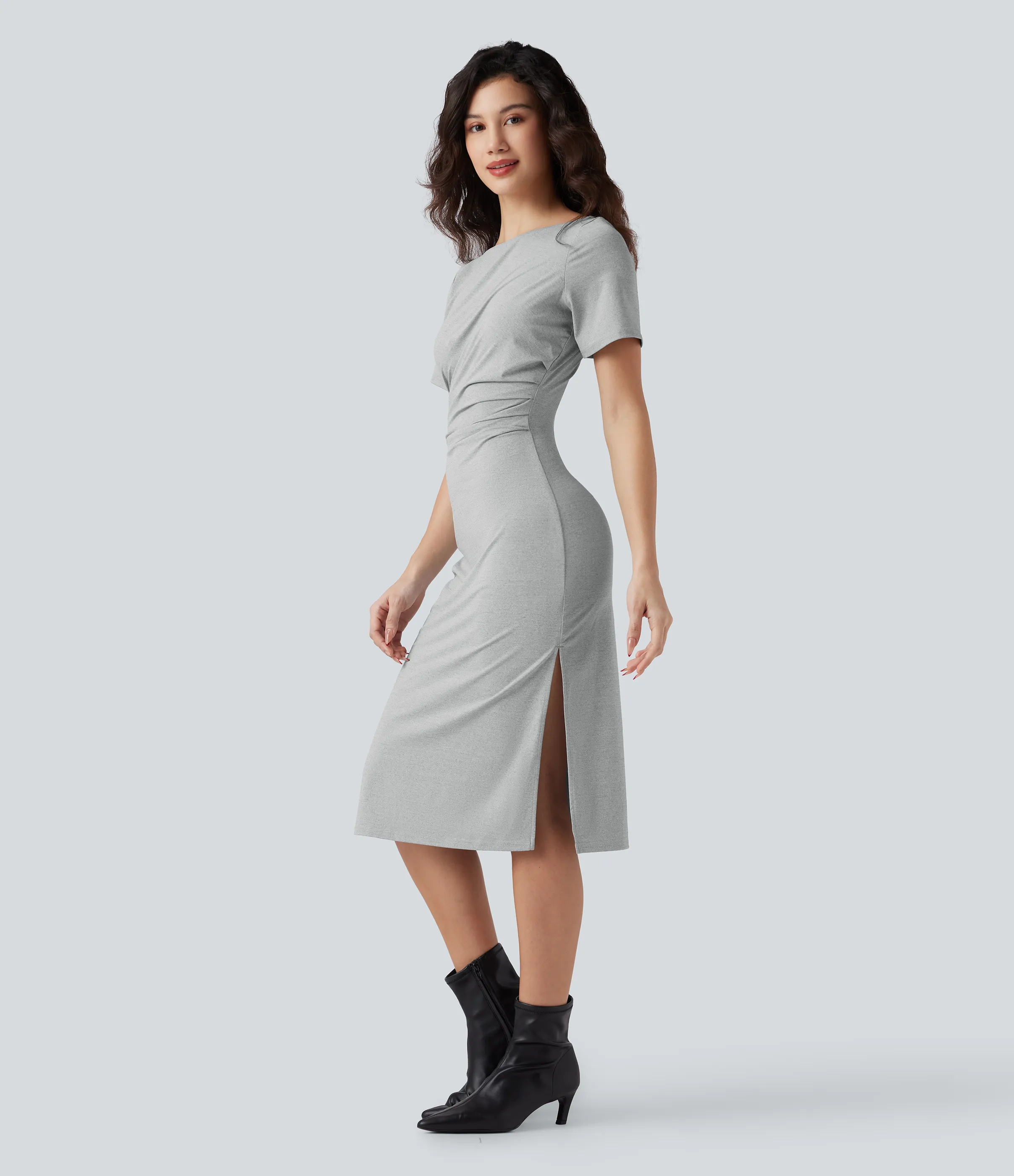 Halara Vestido de oficina midi de manga corta con fruncido - Mottled Grey - L sold by Halara product image thumbnail 4