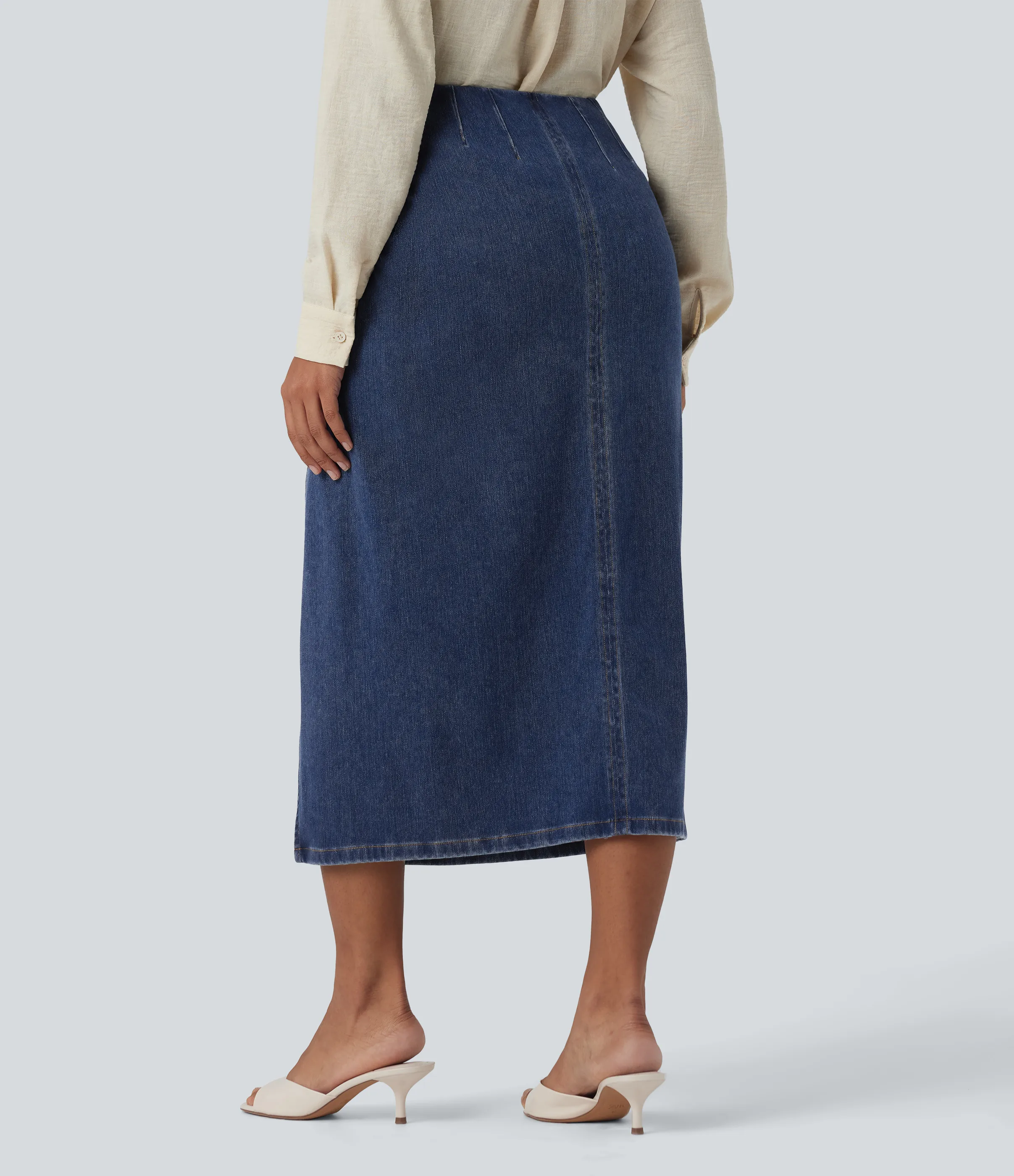 Halara Falda vaquera informal midi ajustada con abertura y cintura alta 2 en 1 de Halara Flex™ - Tide Blue Denim - M(regular) sold by Halara product image thumbnail 3